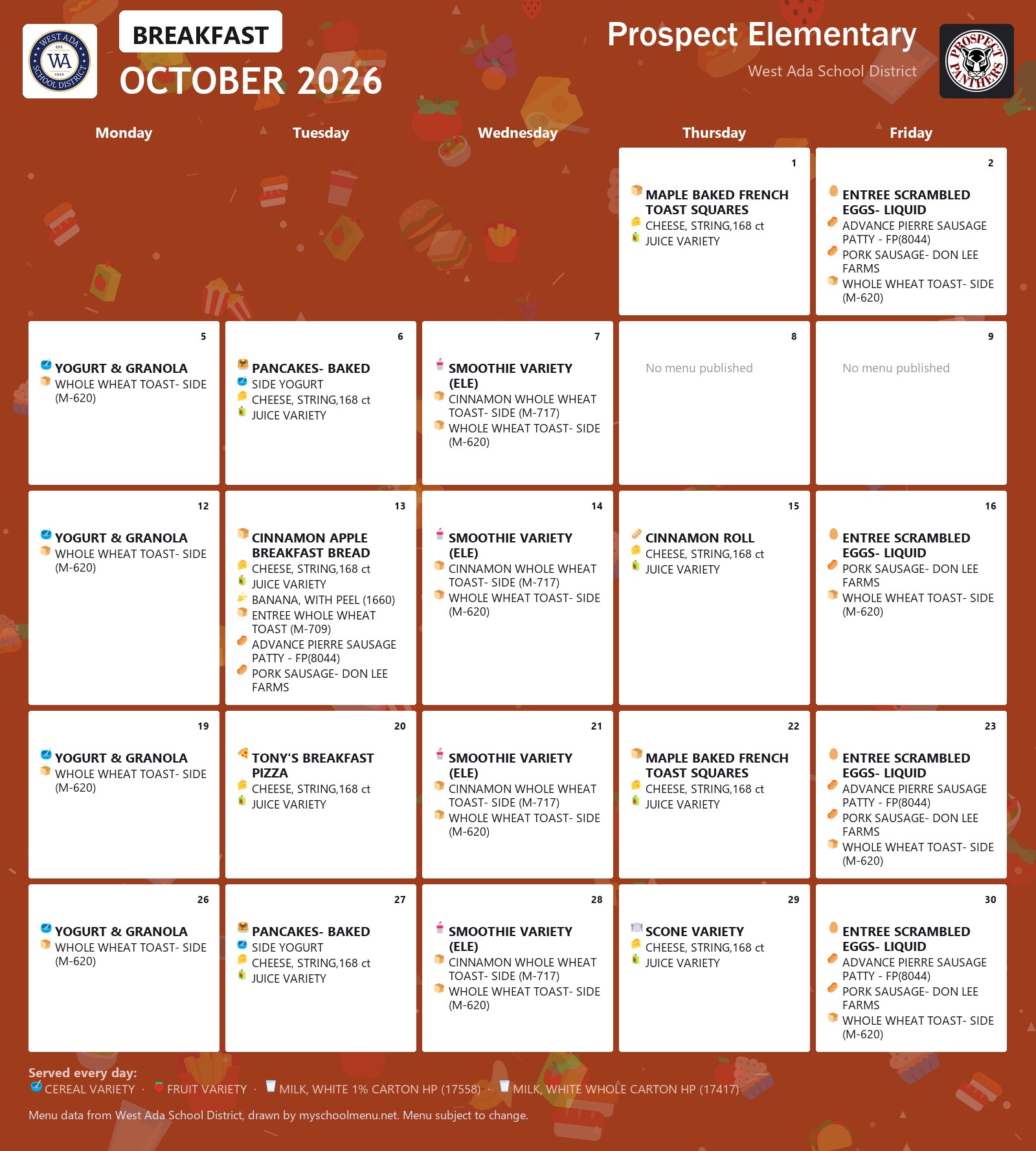 Prospect Elementary breakfast menu for October 2026 &mdash; West Ada School District