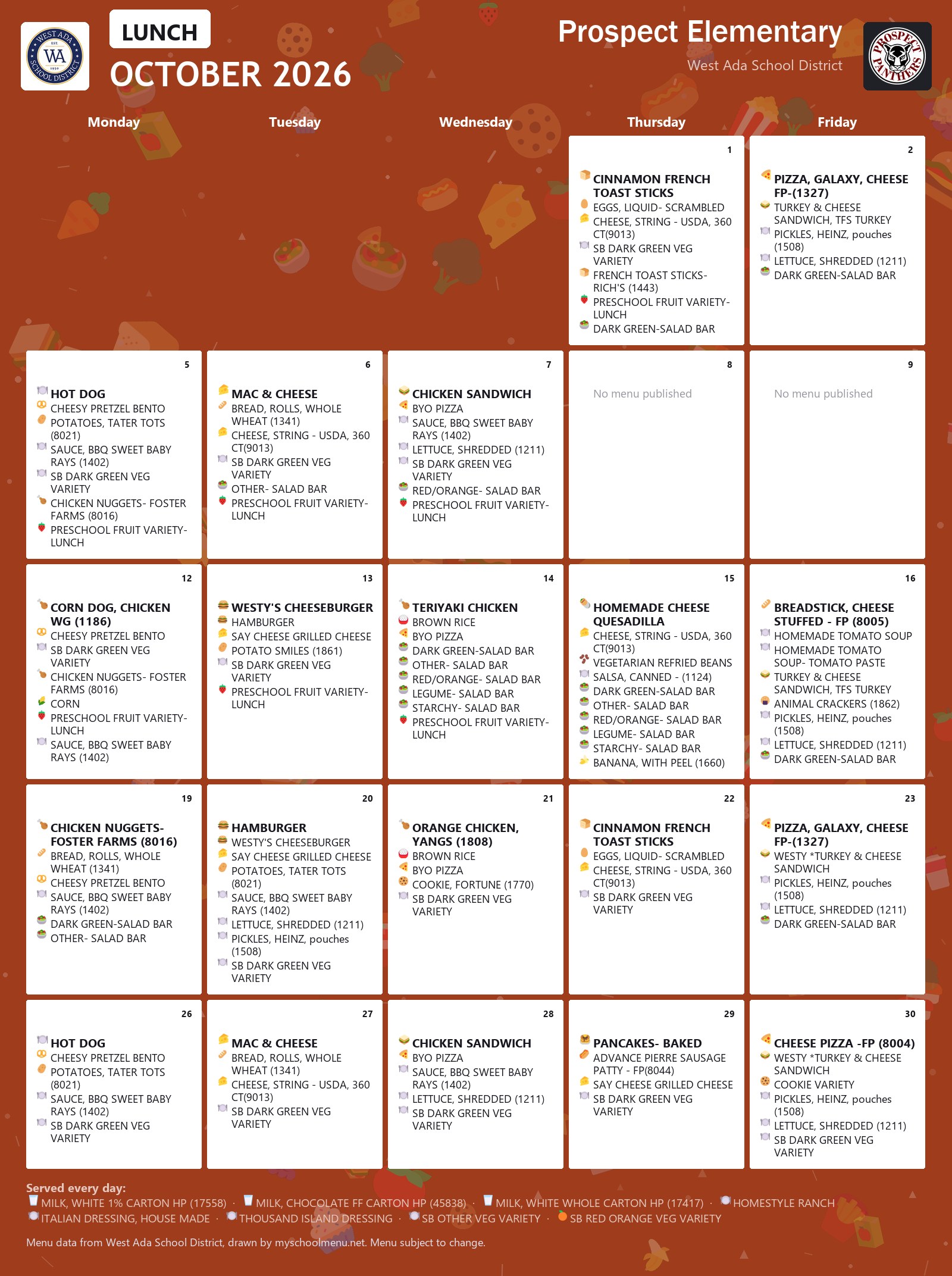Prospect Elementary lunch menu for October 2026 &mdash; West Ada School District