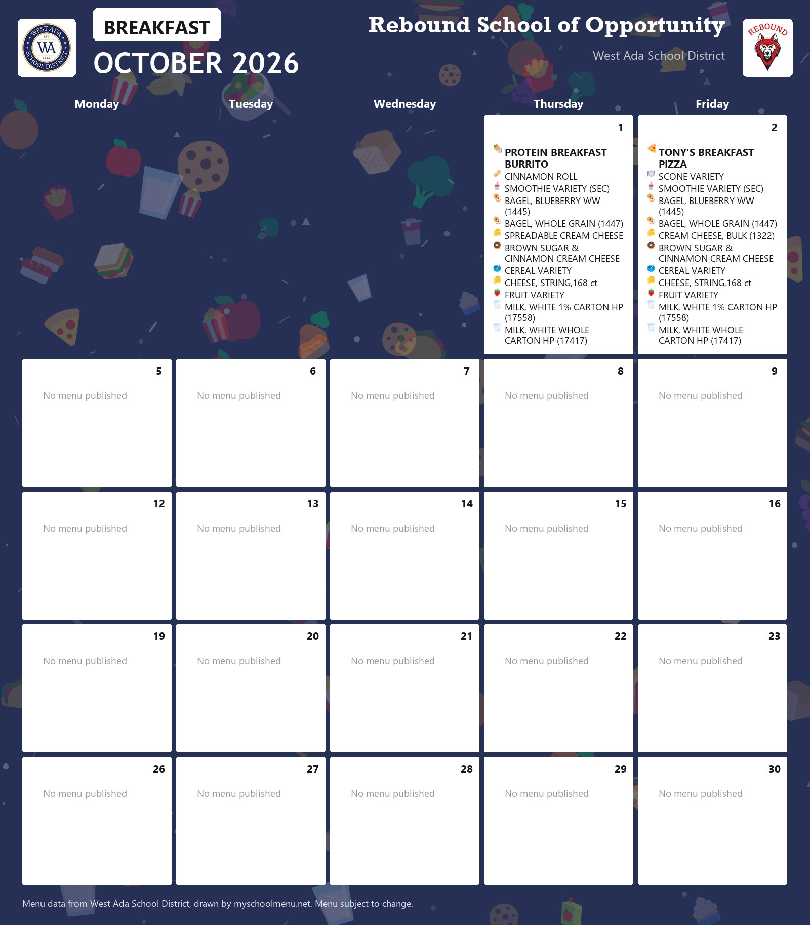 Rebound School of Opportunity breakfast menu for October 2026 &mdash; West Ada School District