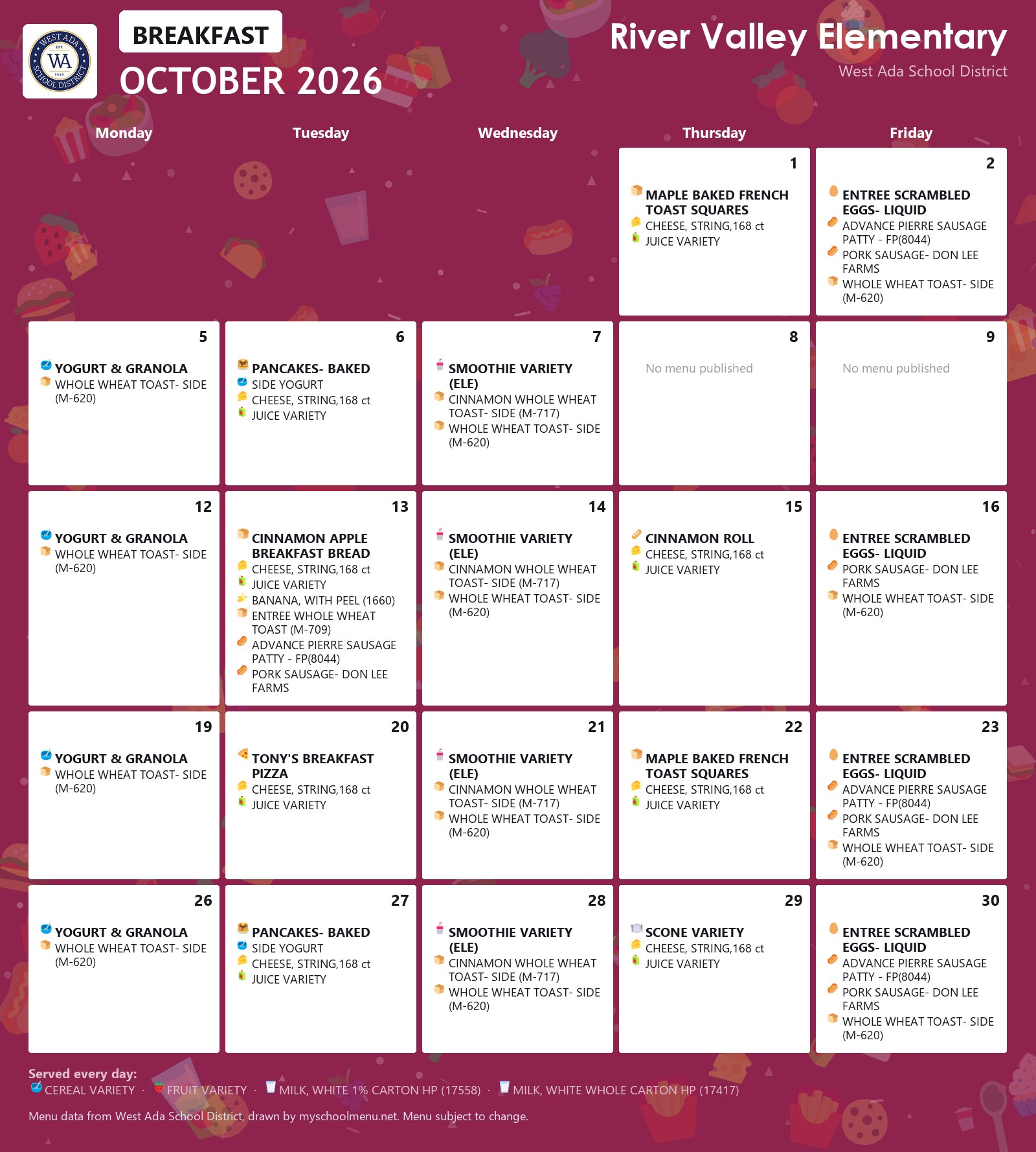 River Valley Elementary breakfast menu for October 2026 &mdash; West Ada School District