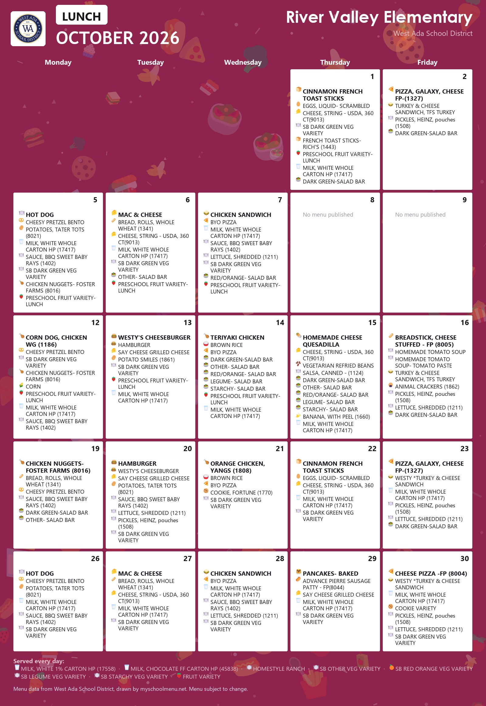 River Valley Elementary lunch menu for October 2026 &mdash; West Ada School District