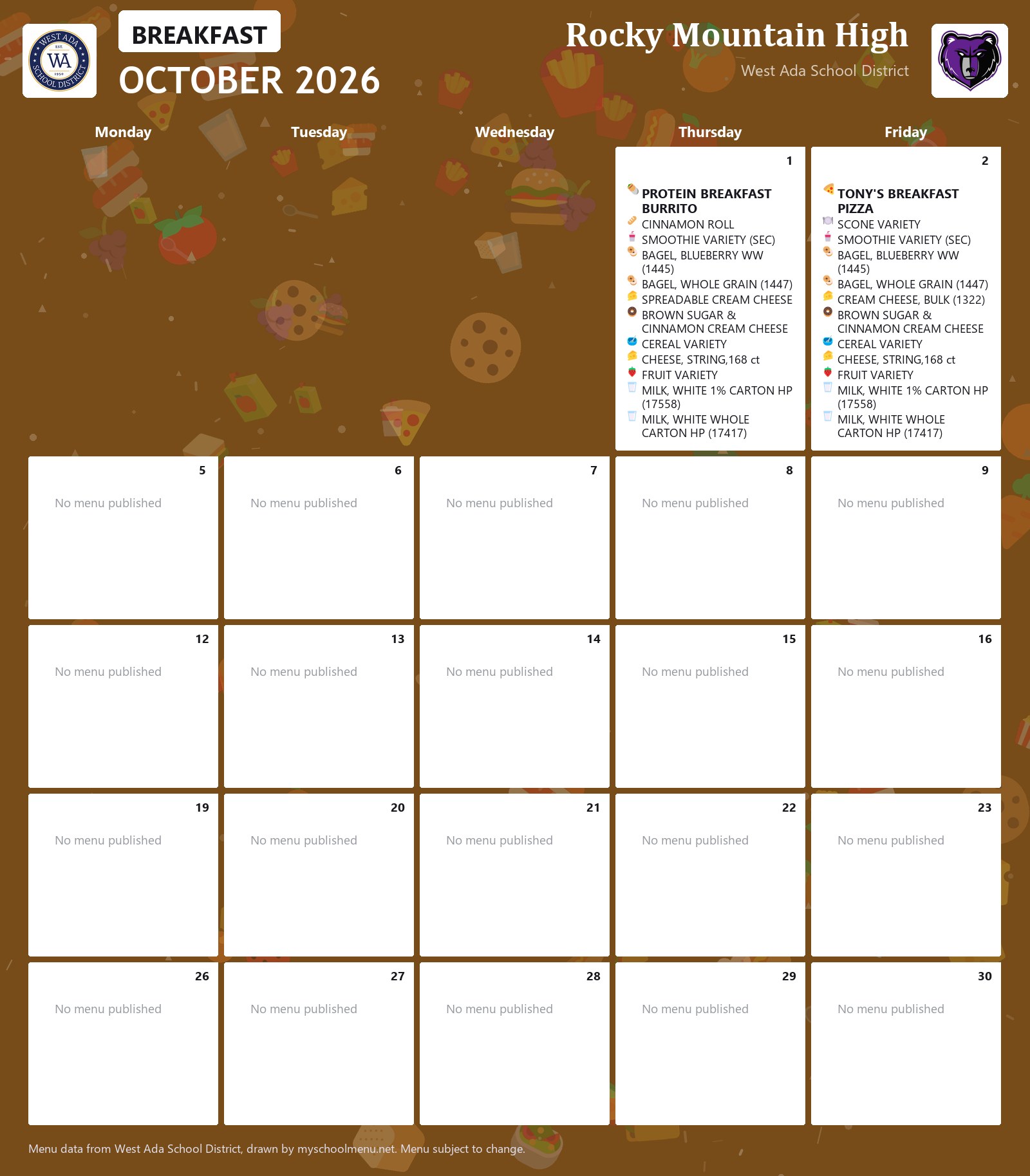 Rocky Mountain High breakfast menu for October 2026 &mdash; West Ada School District