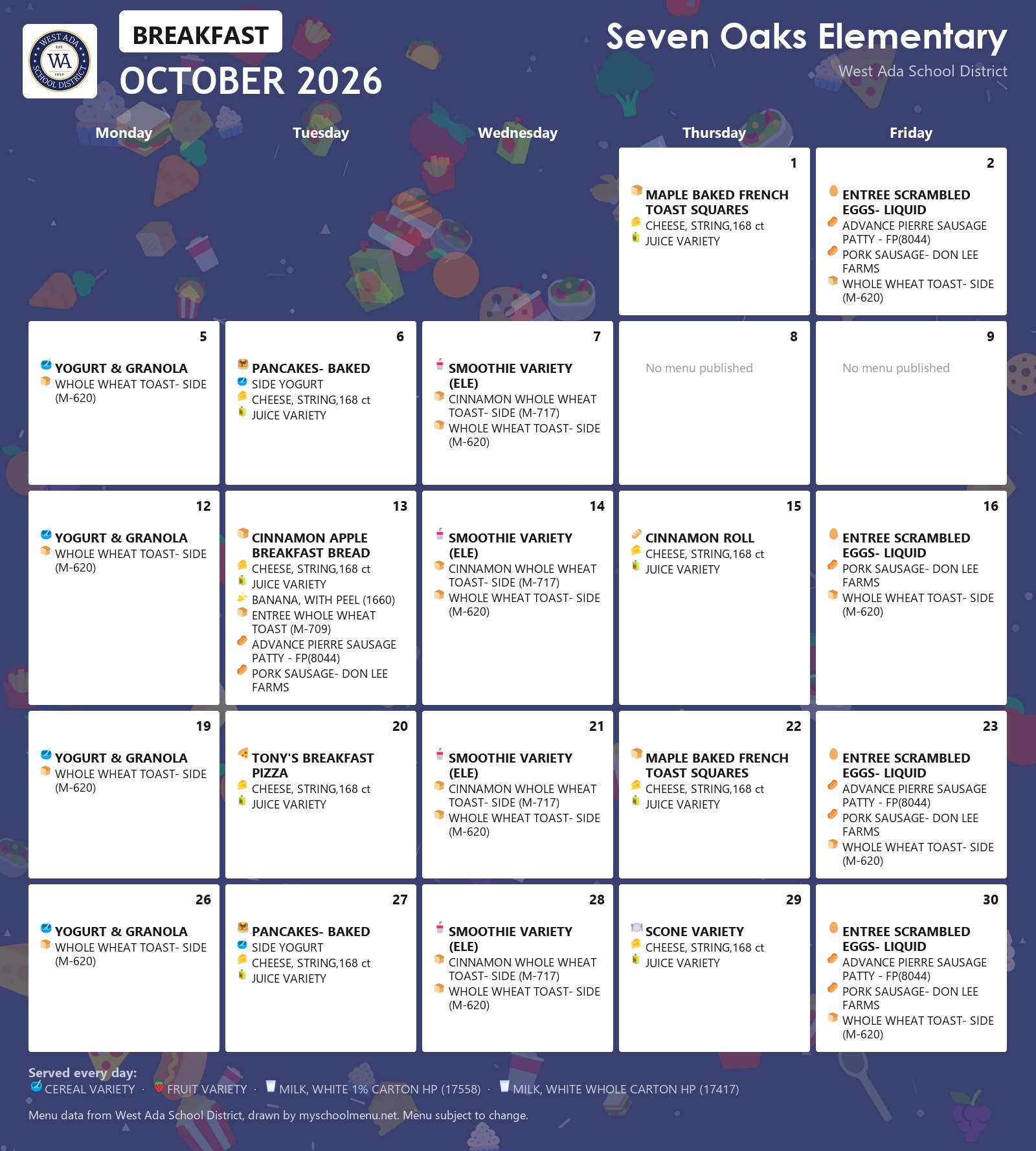 Seven Oaks Elementary breakfast menu for October 2026 &mdash; West Ada School District