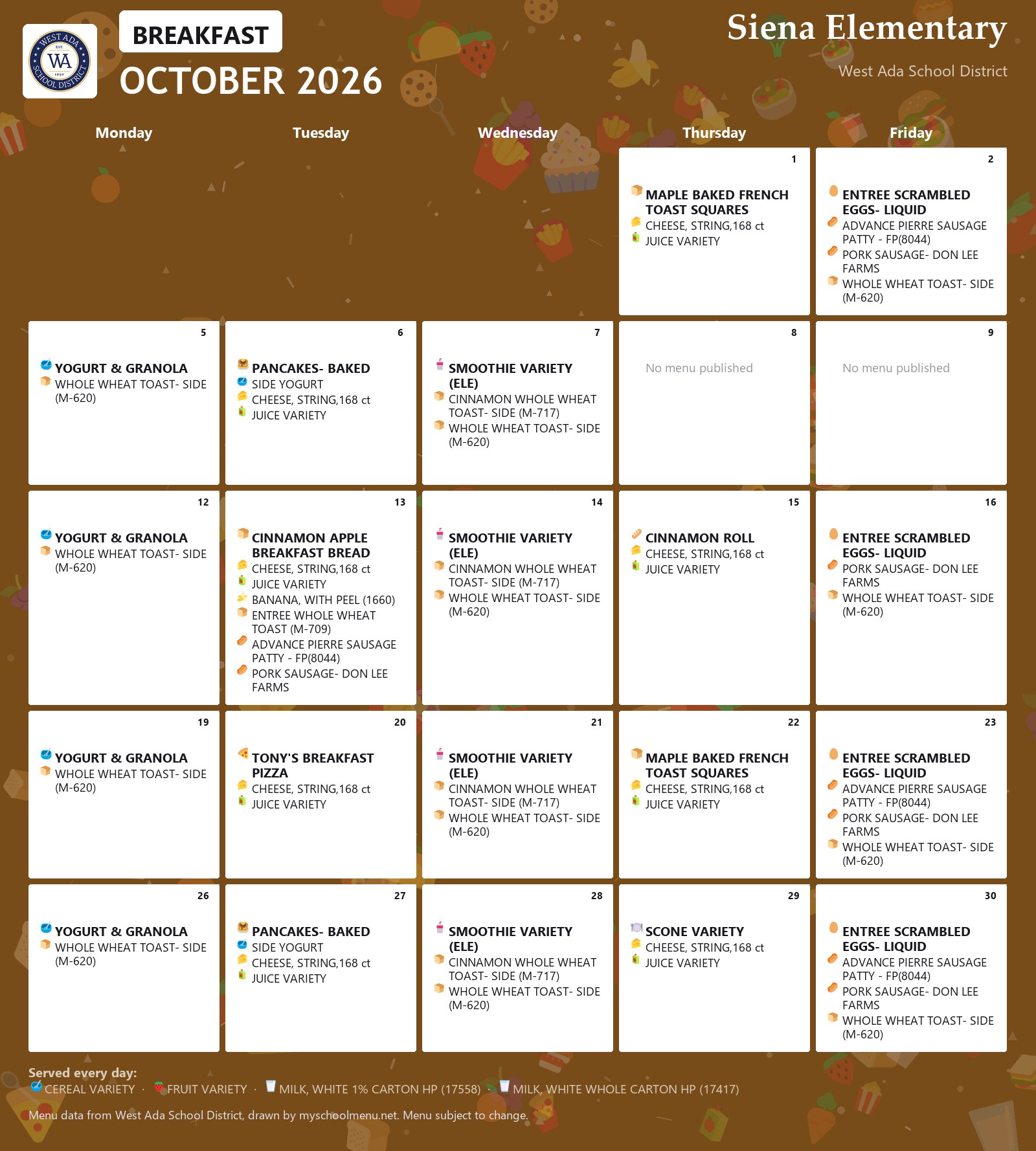 Siena Elementary breakfast menu for October 2026 &mdash; West Ada School District