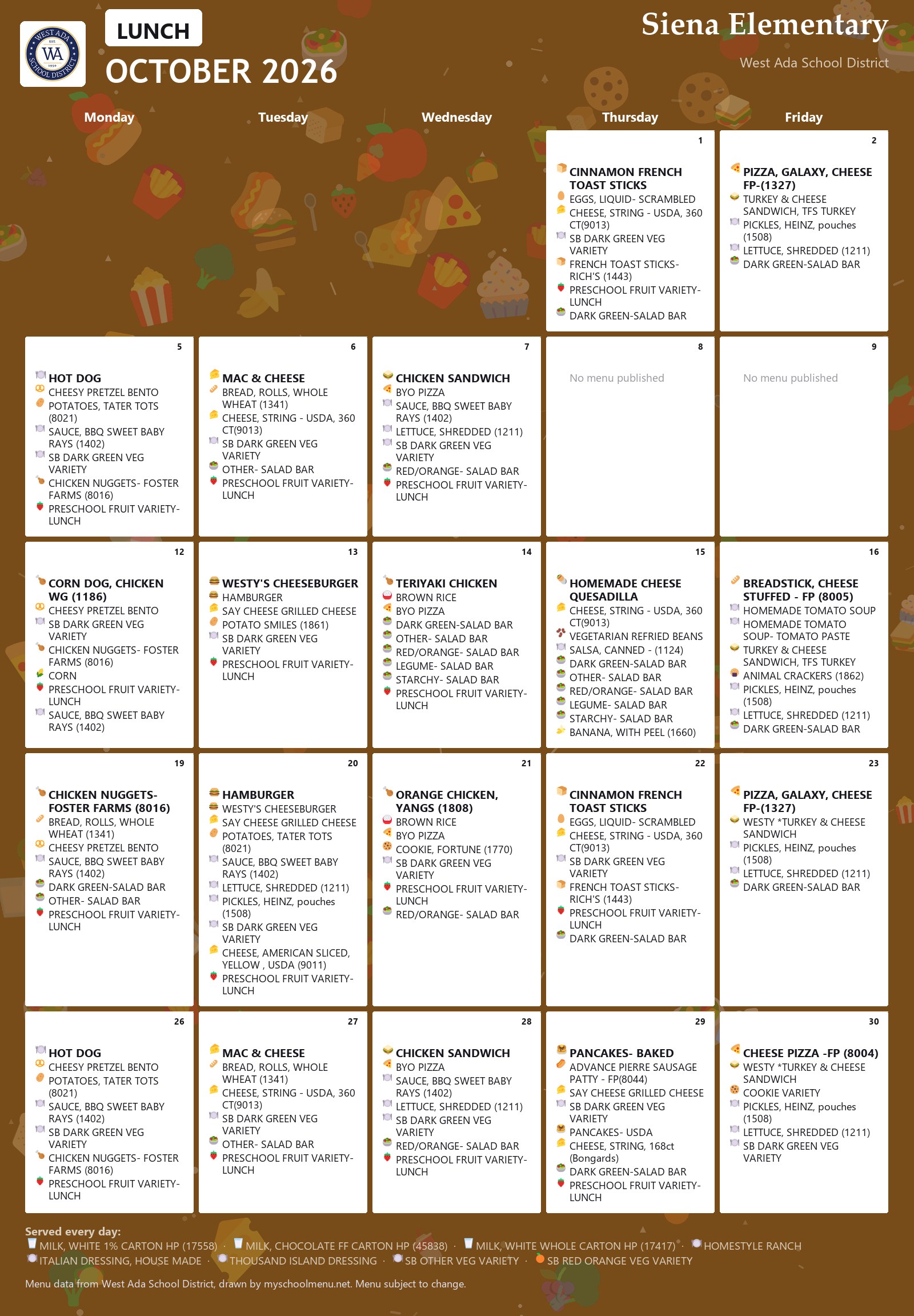 Siena Elementary lunch menu for October 2026 &mdash; West Ada School District