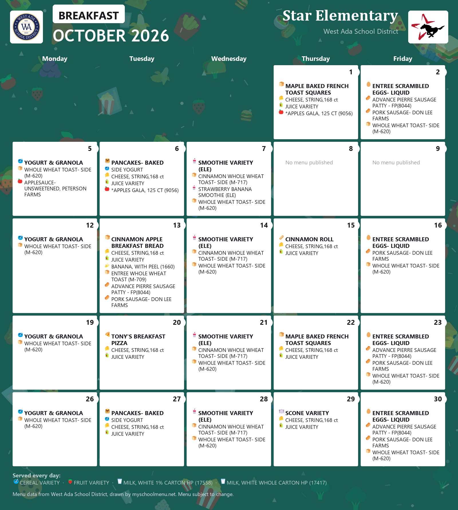 Star Elementary breakfast menu for October 2026 &mdash; West Ada School District