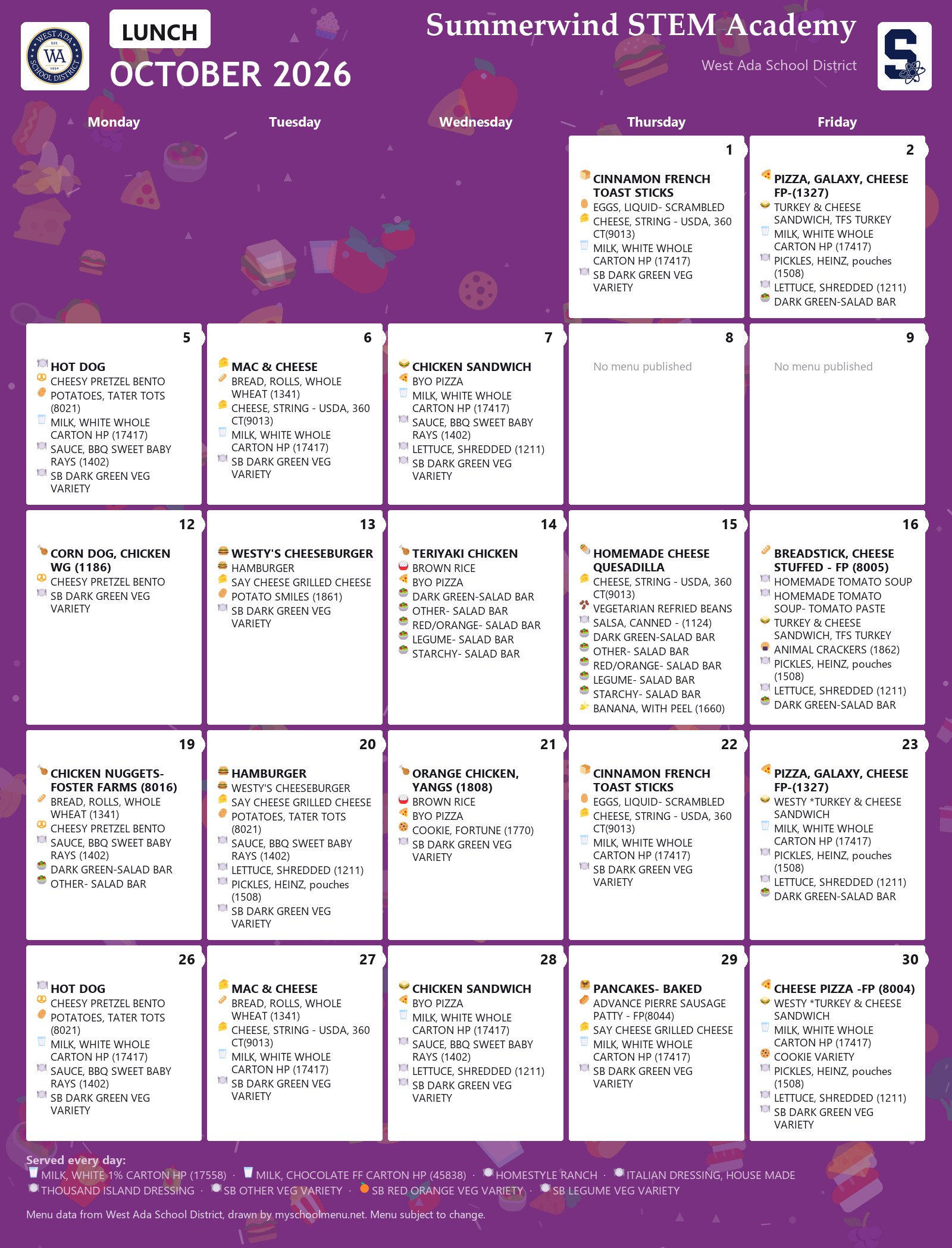 Summerwind STEM Academy lunch menu for October 2026 &mdash; West Ada School District