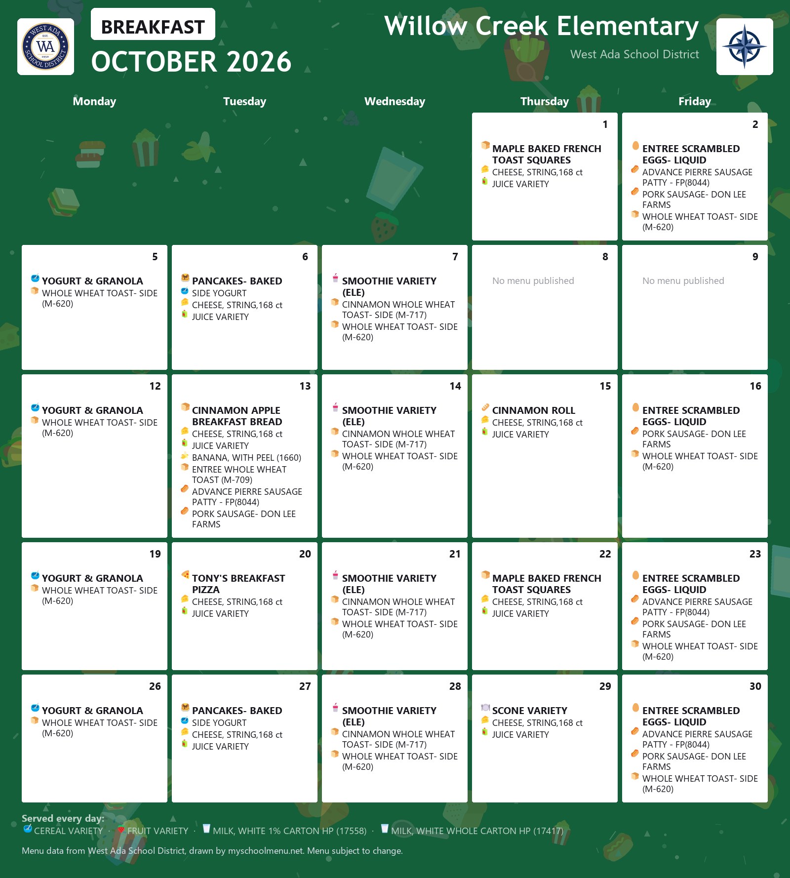 Willow Creek Elementary breakfast menu for October 2026 &mdash; West Ada School District