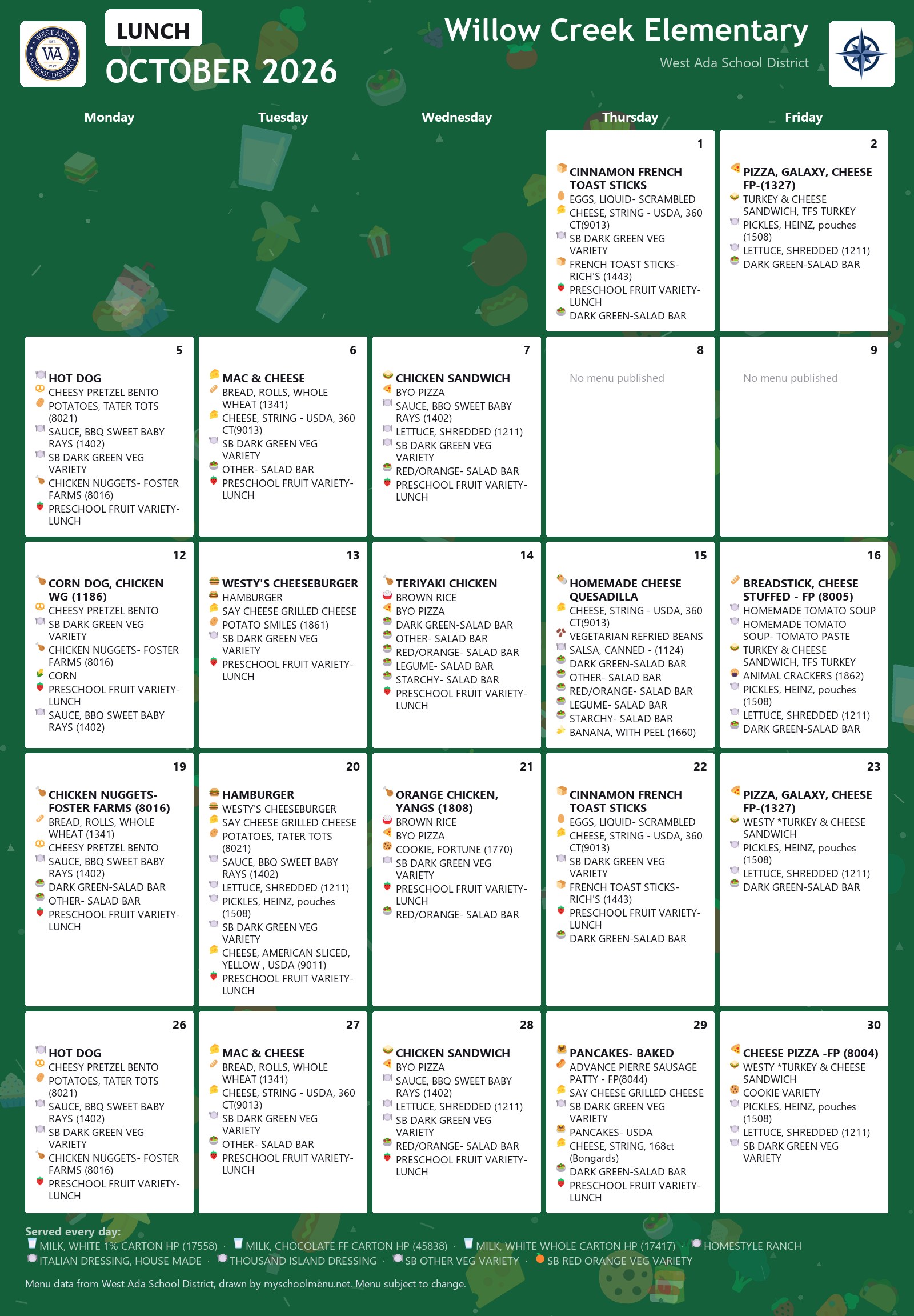 Willow Creek Elementary lunch menu for October 2026 &mdash; West Ada School District
