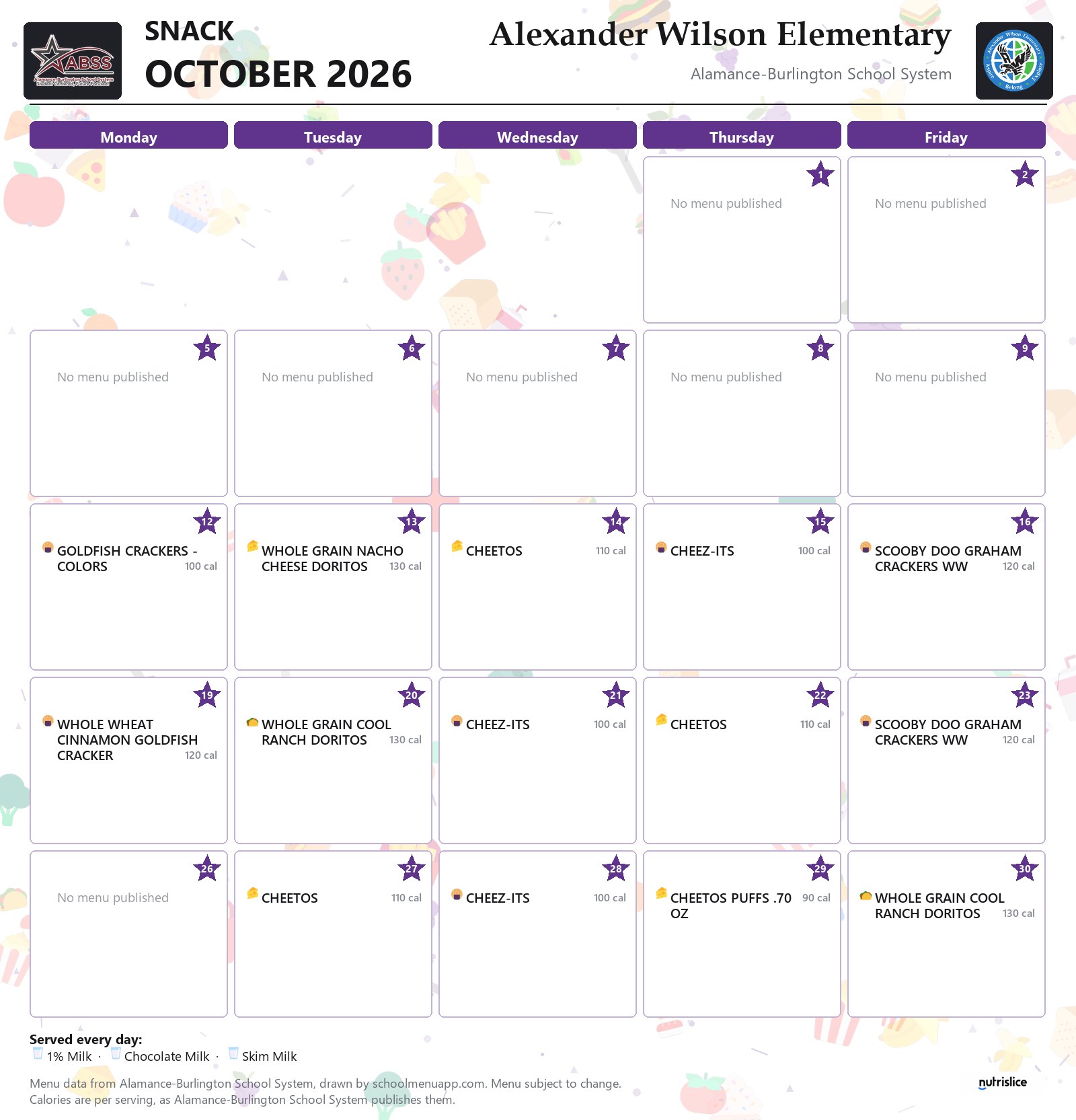 Alexander Wilson Elementary snack menu for October 2026 &mdash; Alamance-Burlington School System