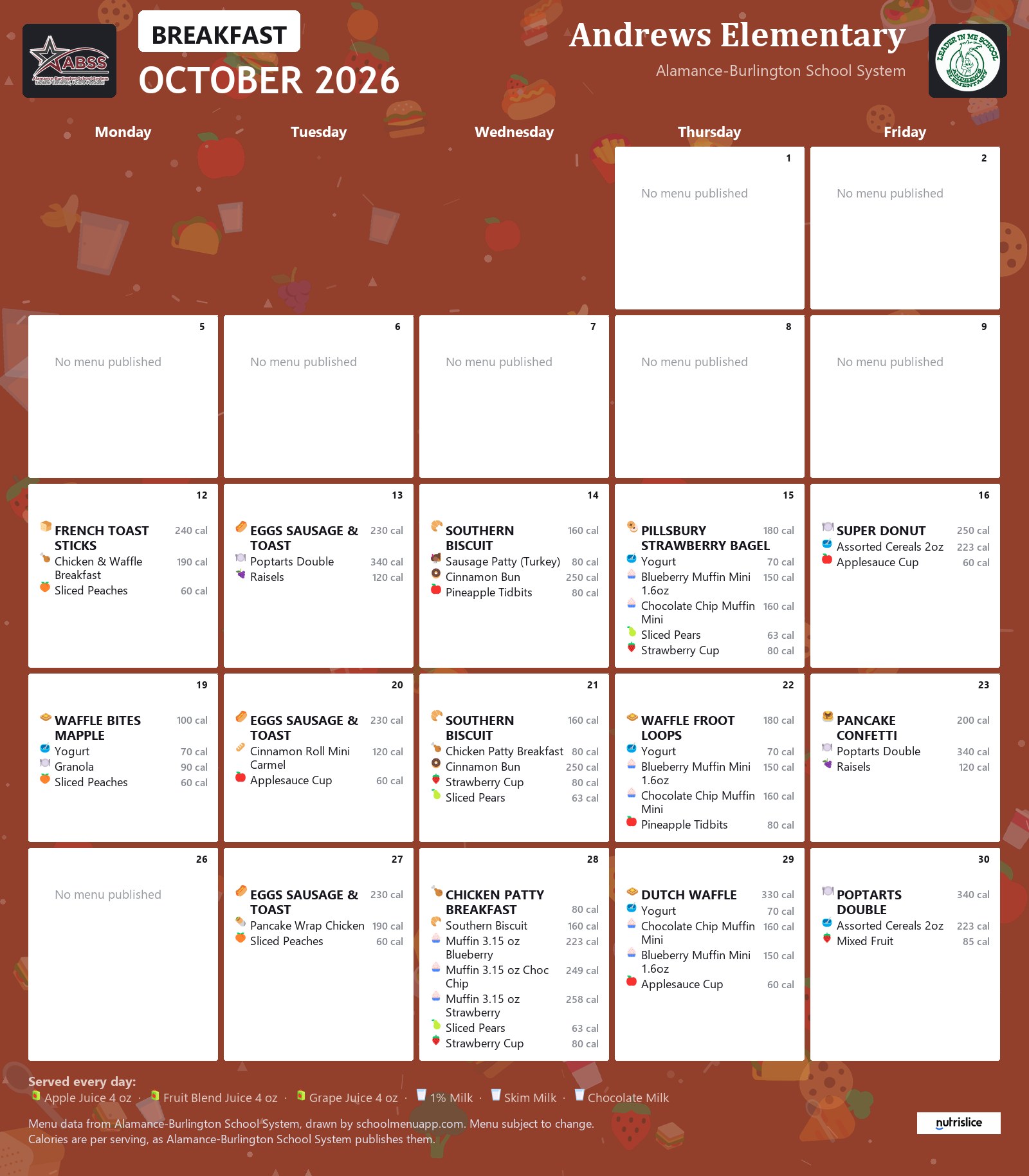 Andrews Elementary breakfast menu for October 2026 &mdash; Alamance-Burlington School System