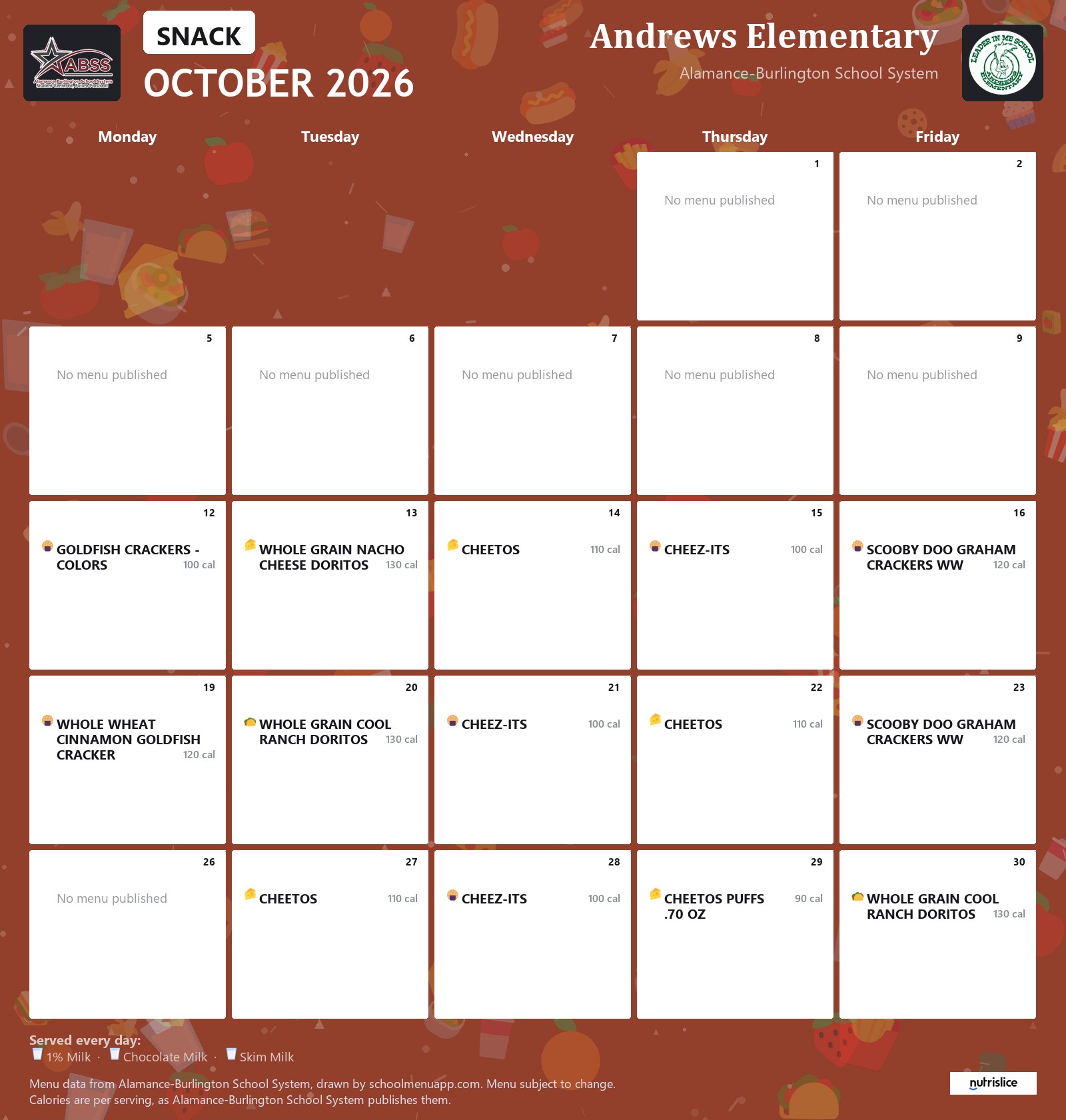 Andrews Elementary snack menu for October 2026 &mdash; Alamance-Burlington School System