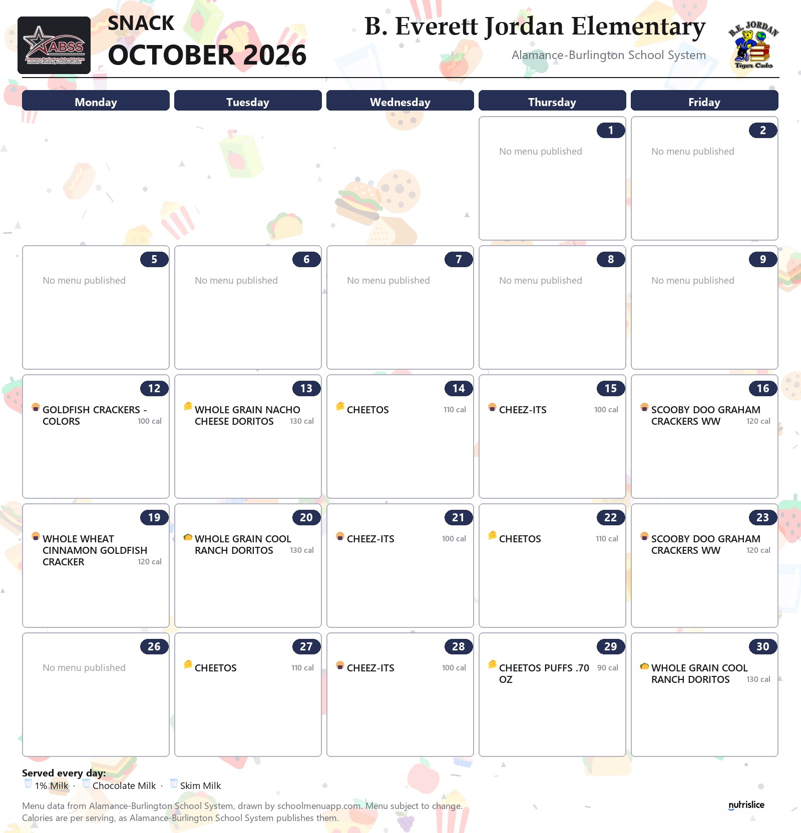 B. Everett Jordan Elementary snack menu for October 2026 &mdash; Alamance-Burlington School System
