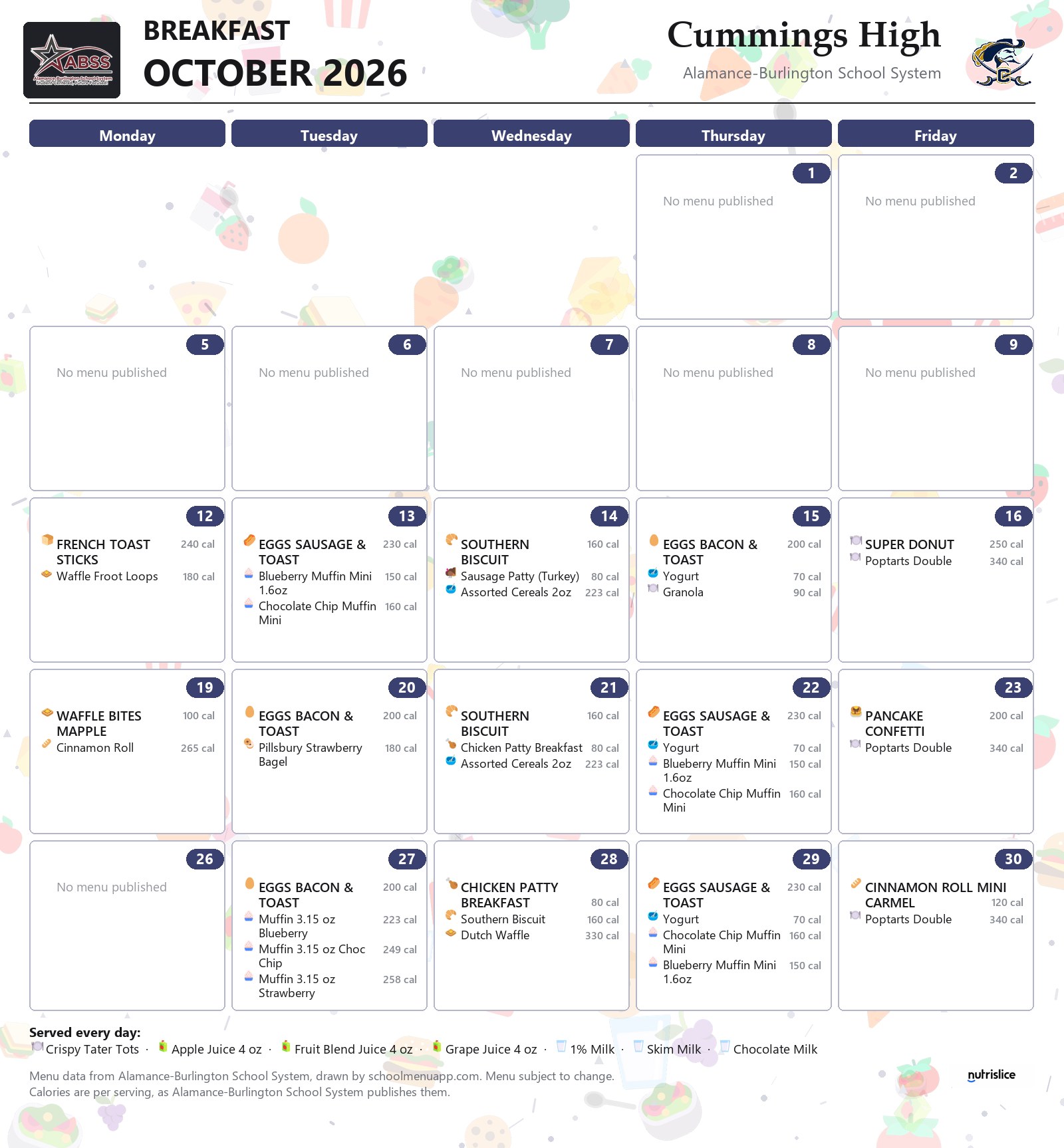 Cummings High breakfast menu for October 2026 &mdash; Alamance-Burlington School System