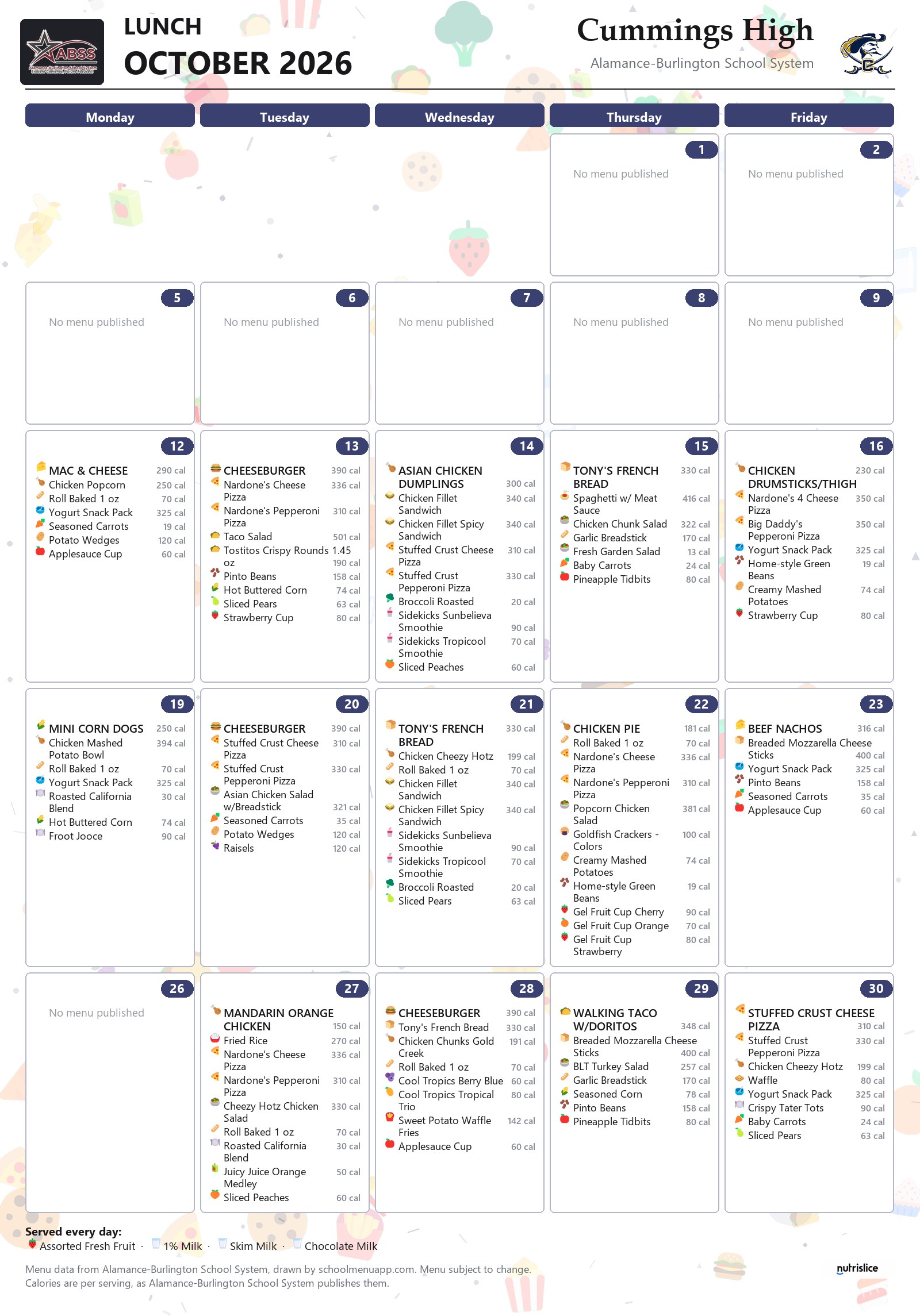 Cummings High lunch menu for October 2026 &mdash; Alamance-Burlington School System