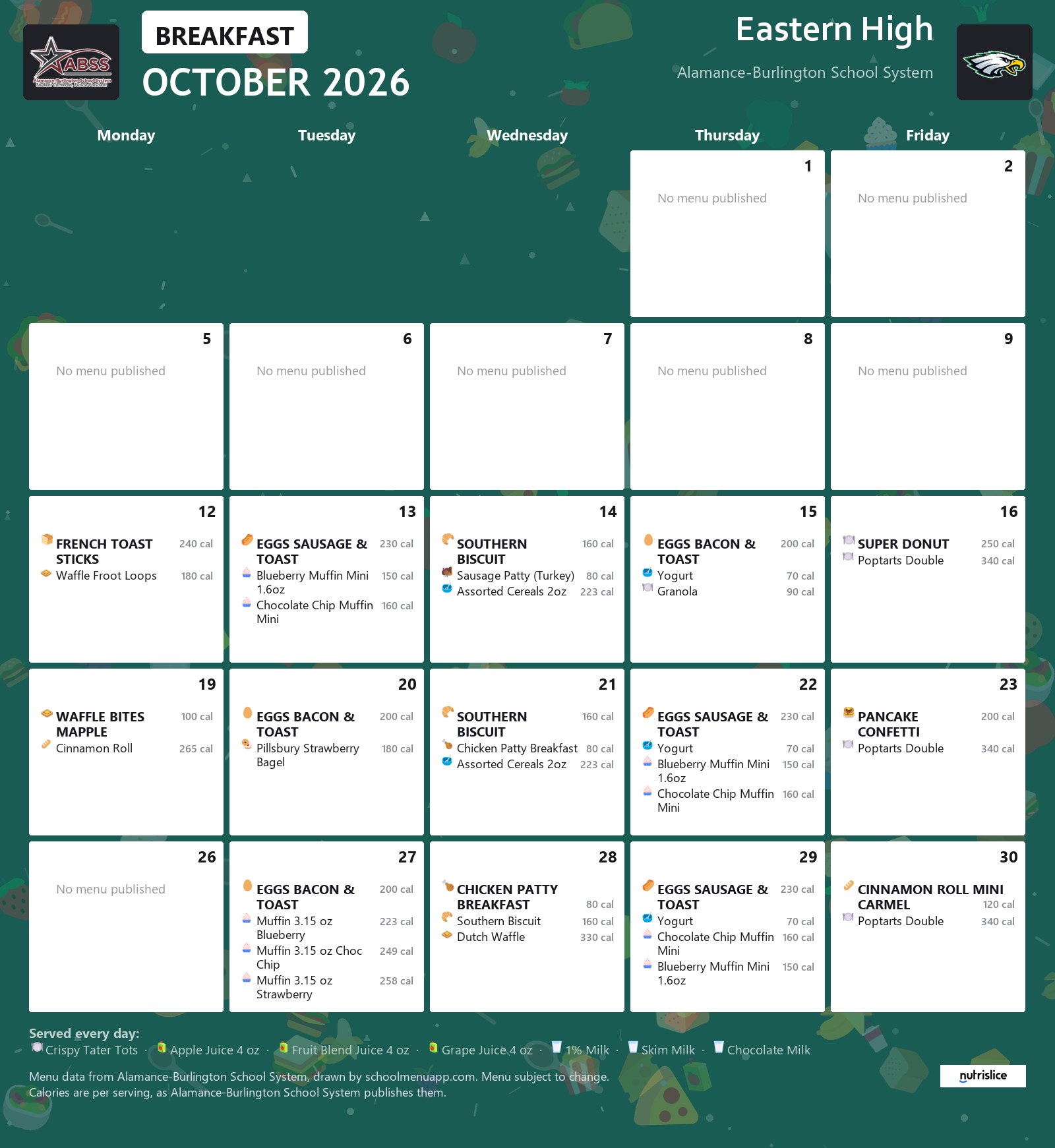 Eastern High breakfast menu for October 2026 &mdash; Alamance-Burlington School System