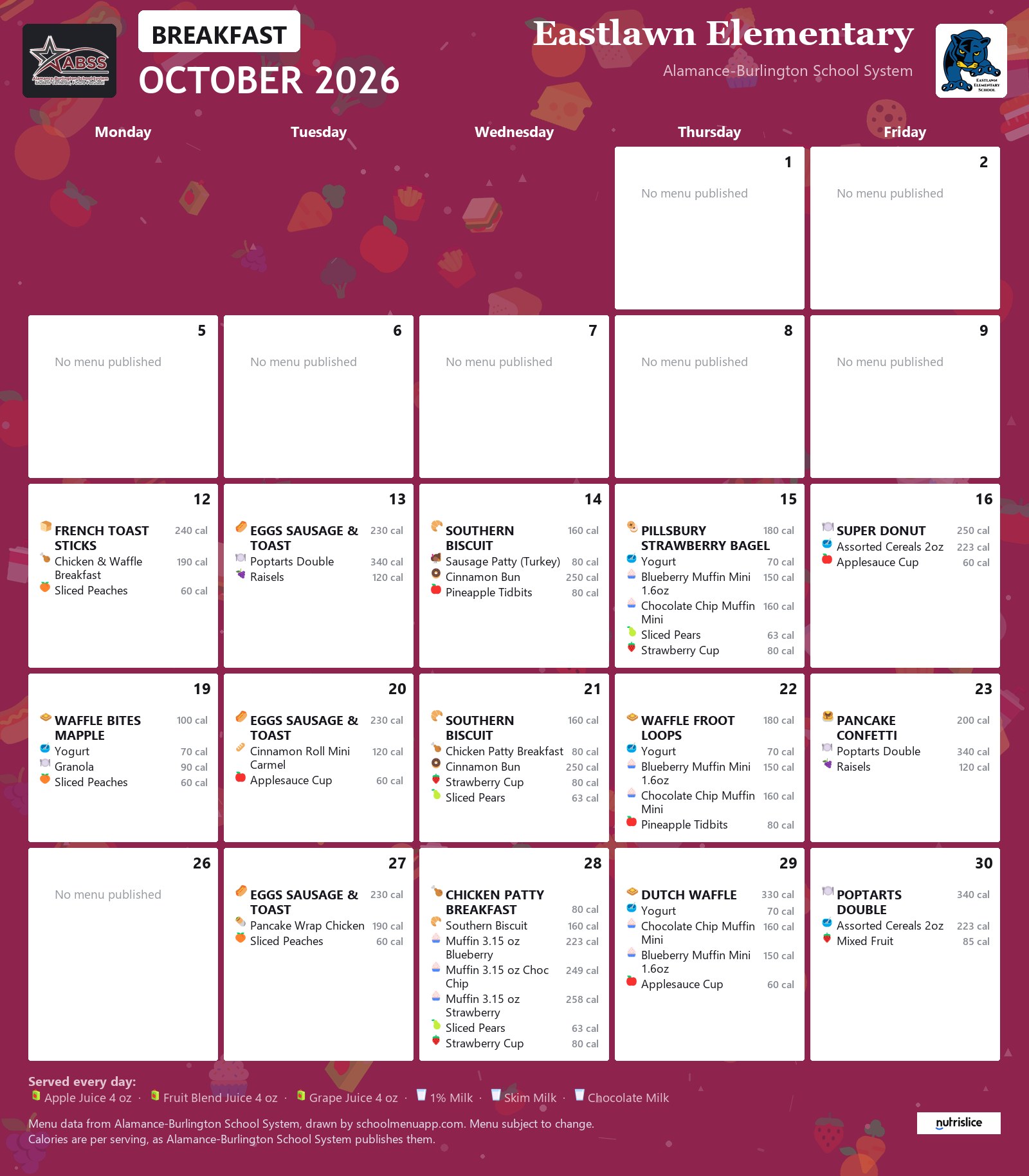 Eastlawn Elementary breakfast menu for October 2026 &mdash; Alamance-Burlington School System
