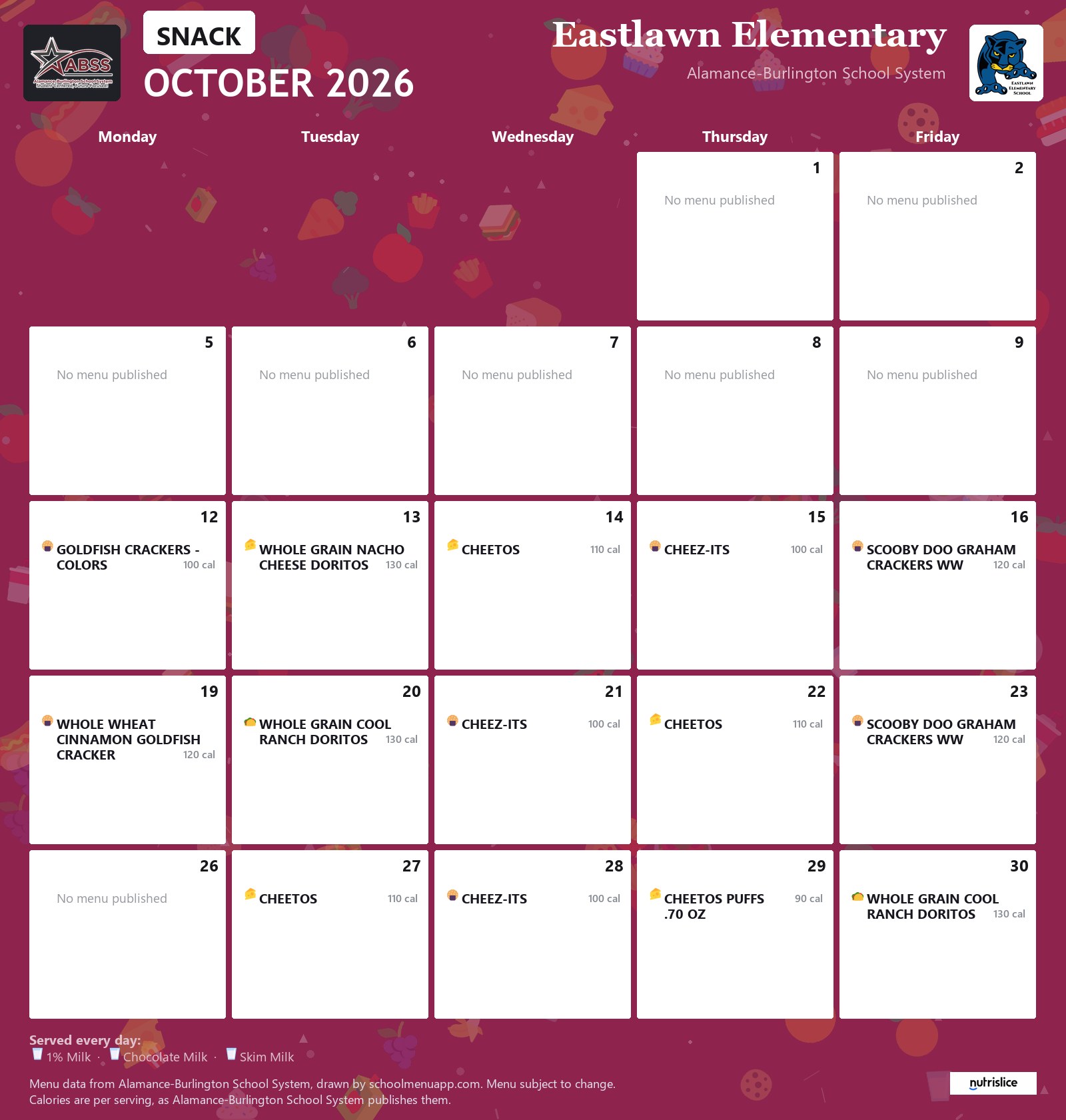 Eastlawn Elementary snack menu for October 2026 &mdash; Alamance-Burlington School System