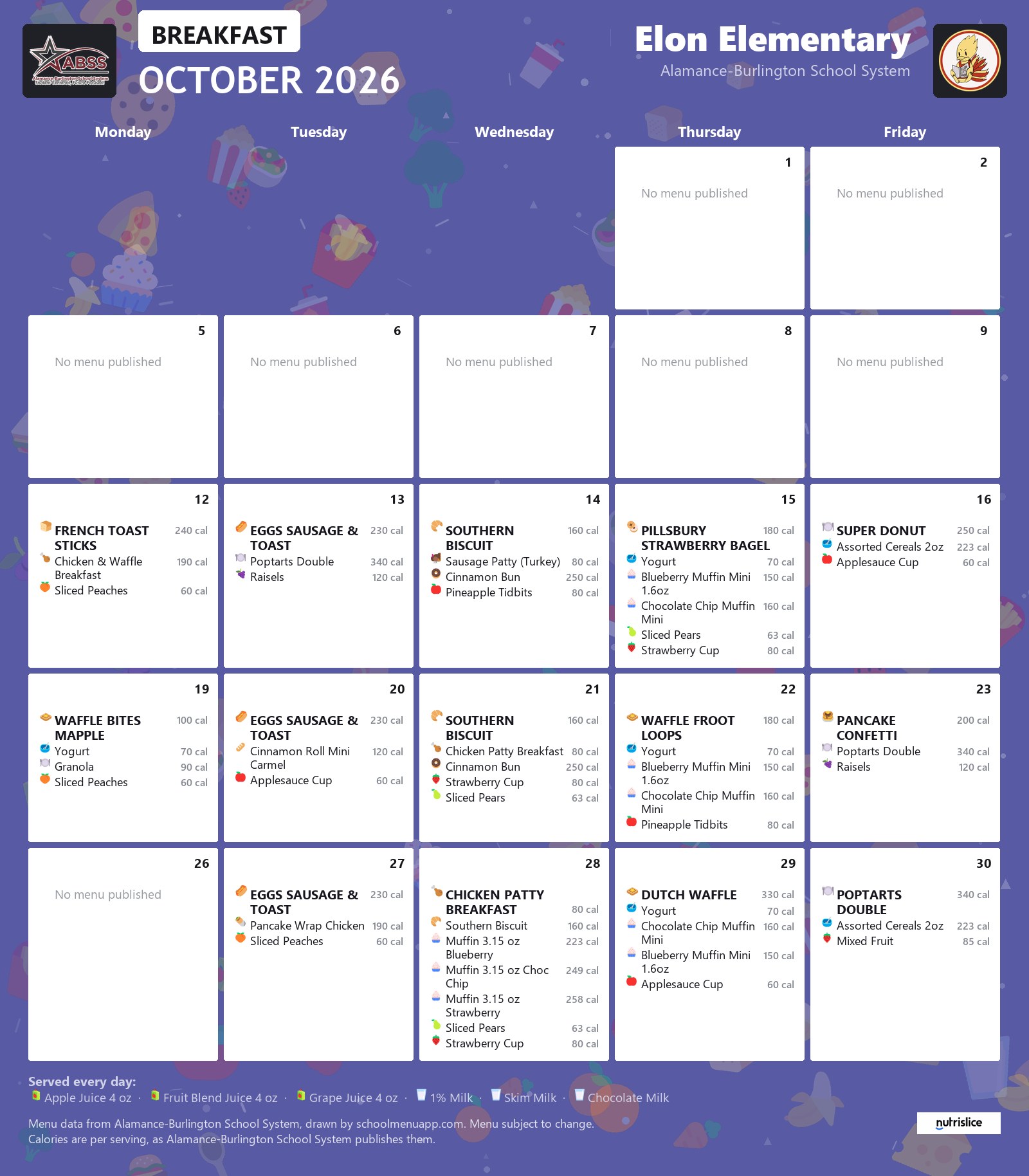 Elon Elementary breakfast menu for October 2026 &mdash; Alamance-Burlington School System