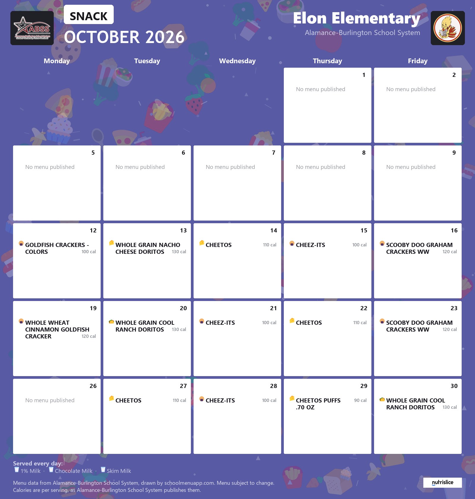 Elon Elementary snack menu for October 2026 &mdash; Alamance-Burlington School System