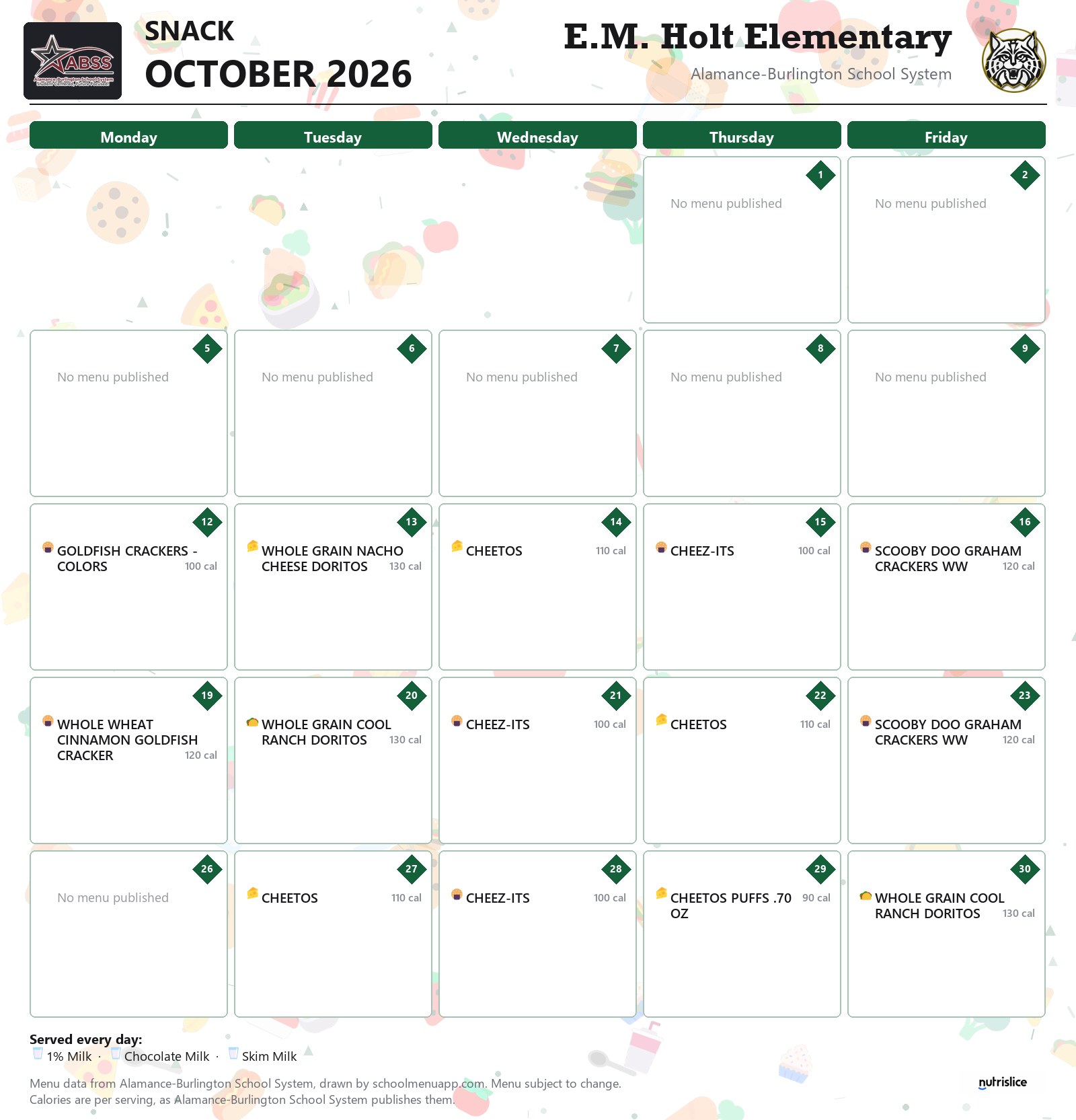 E.M. Holt Elementary snack menu for October 2026 &mdash; Alamance-Burlington School System