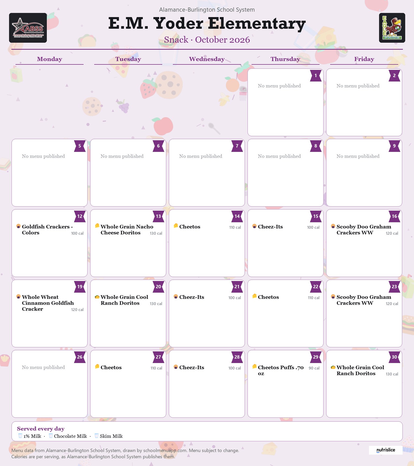 E.M. Yoder Elementary snack menu for October 2026 &mdash; Alamance-Burlington School System