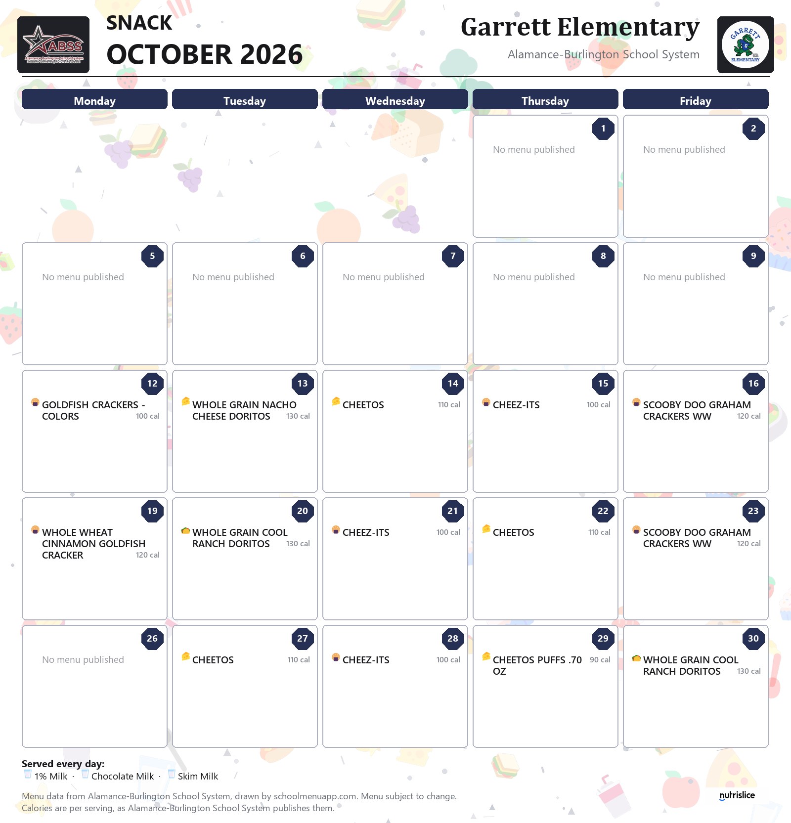 Garrett Elementary snack menu for October 2026 &mdash; Alamance-Burlington School System