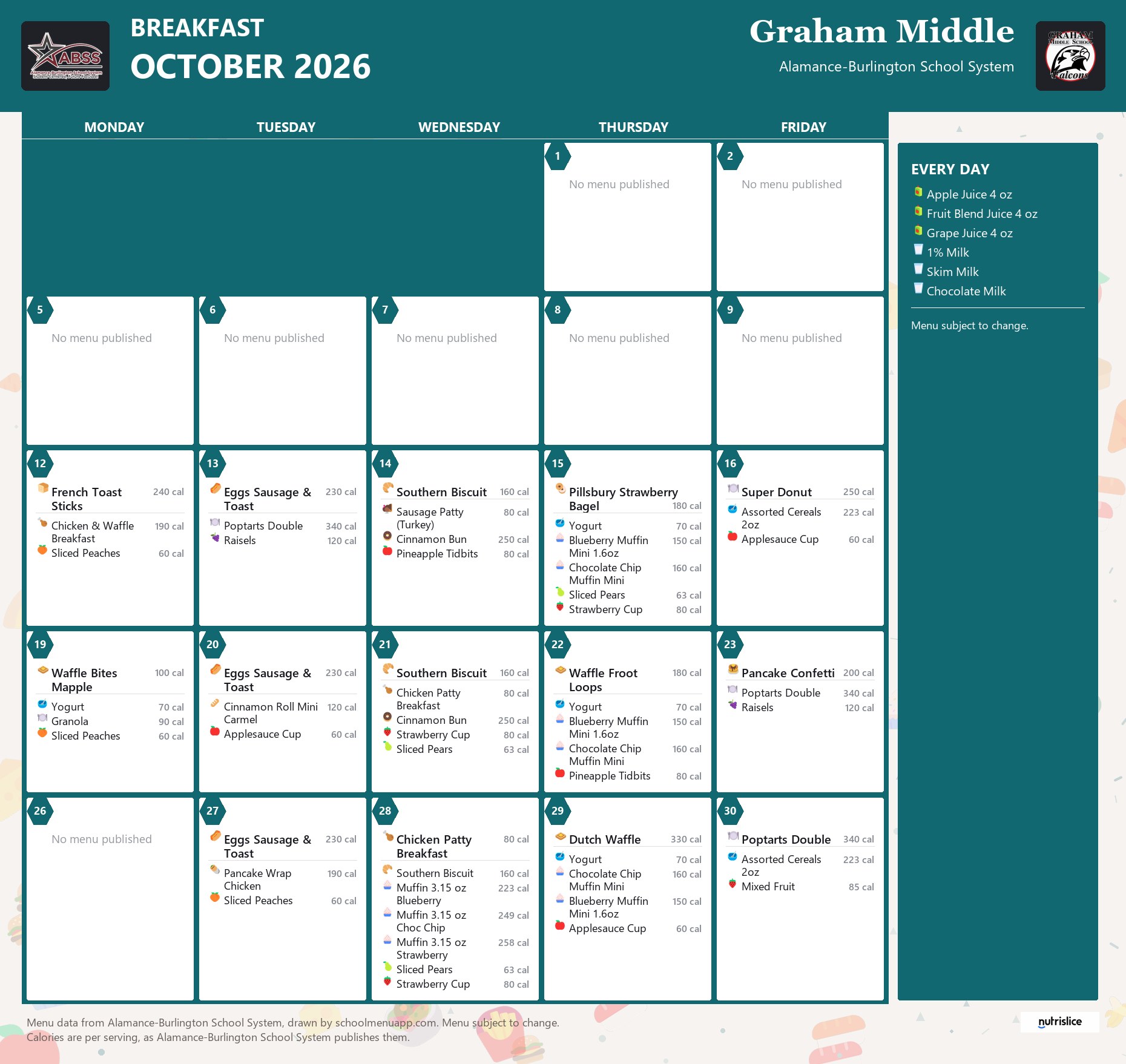 Graham Middle breakfast menu for October 2026 &mdash; Alamance-Burlington School System