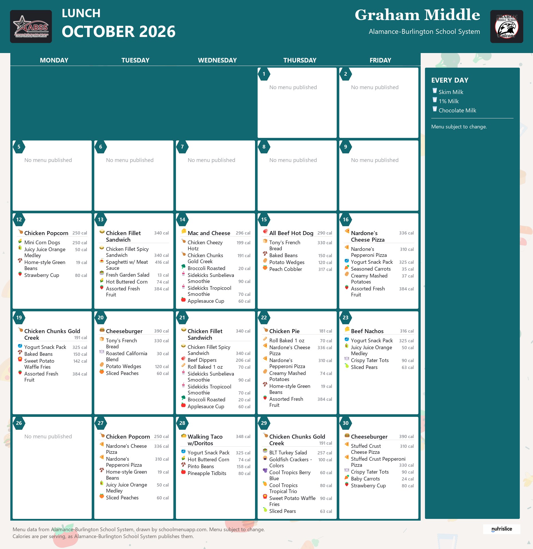 Graham Middle lunch menu for October 2026 &mdash; Alamance-Burlington School System