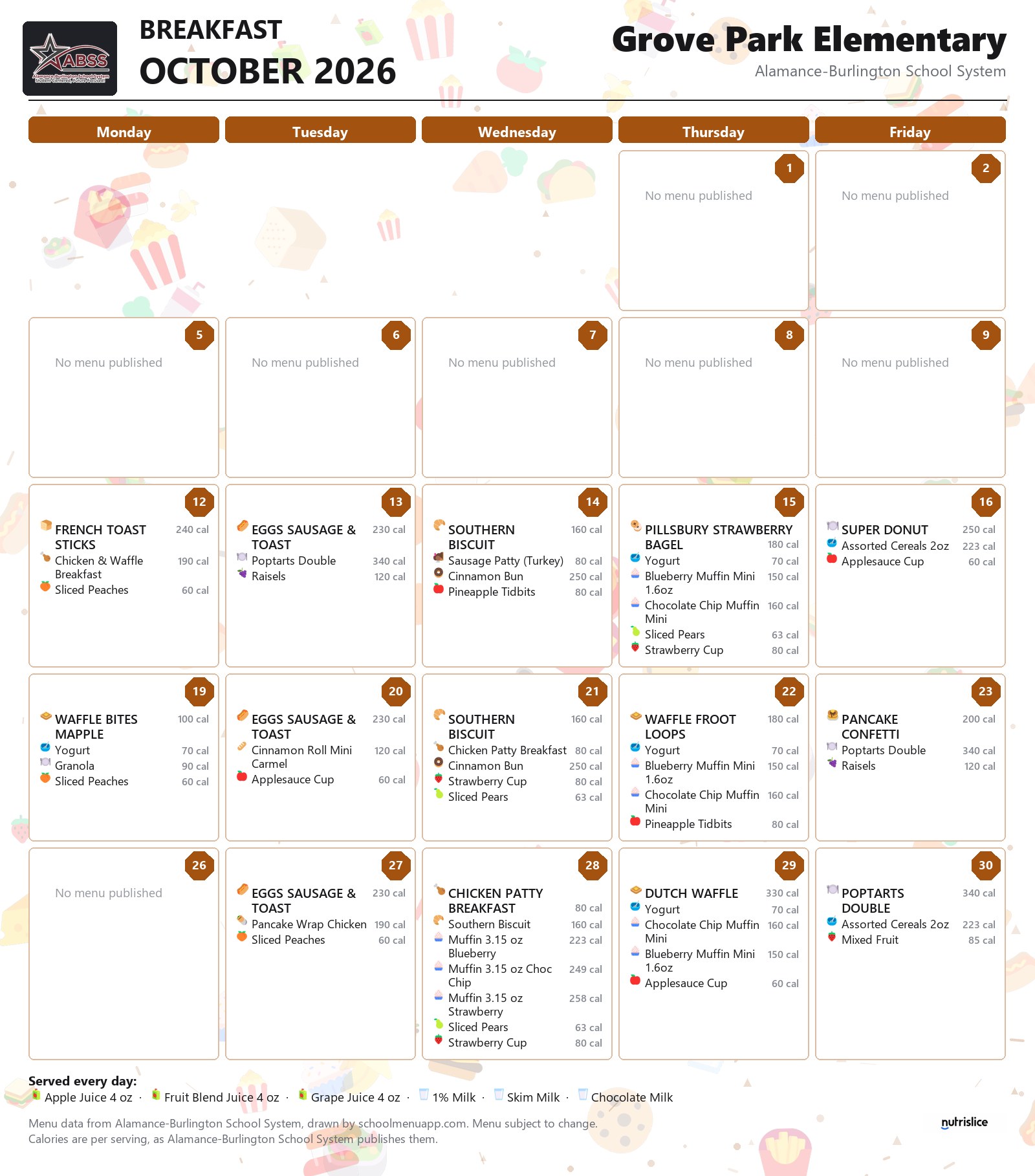 Grove Park Elementary breakfast menu for October 2026 &mdash; Alamance-Burlington School System
