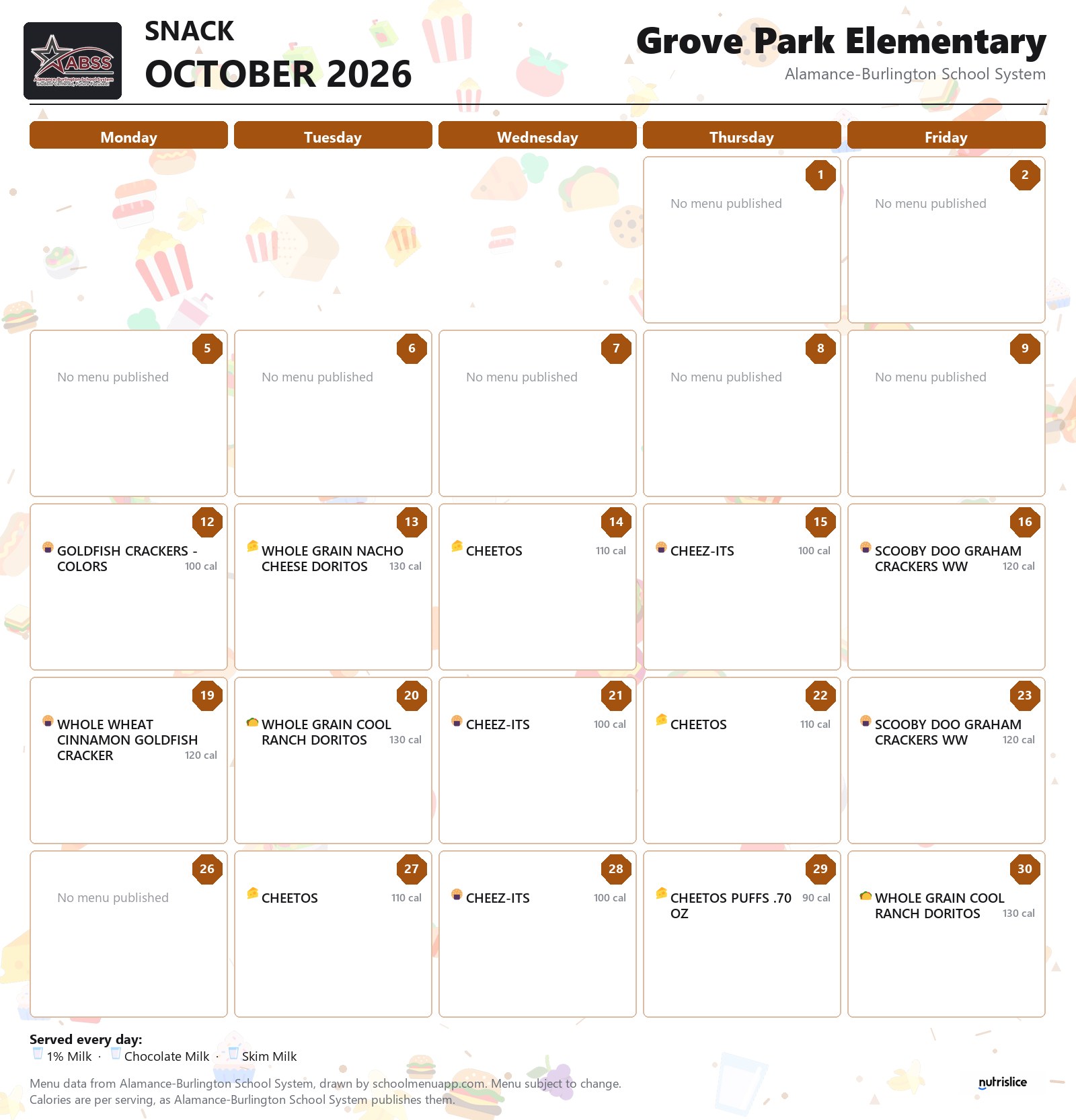 Grove Park Elementary snack menu for October 2026 &mdash; Alamance-Burlington School System