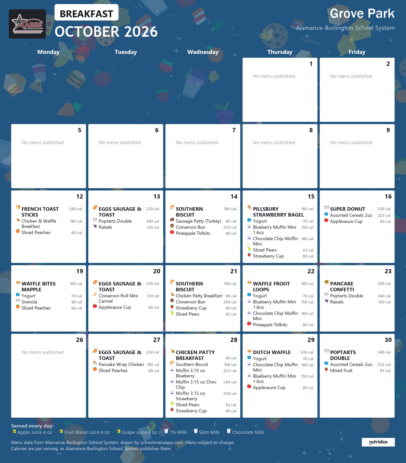 Grove Park breakfast menu for October 2026 &mdash; Alamance-Burlington School System