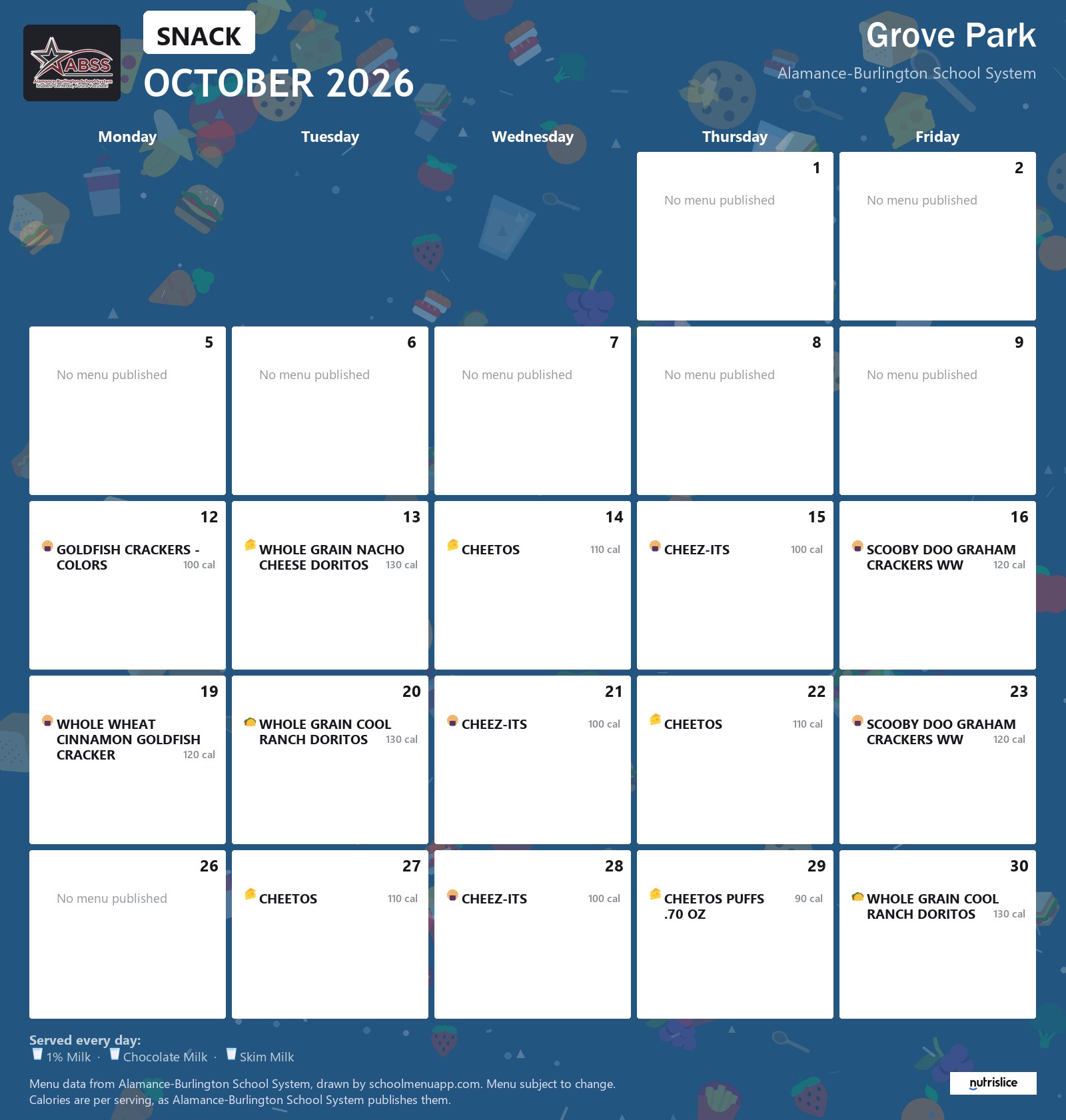 Grove Park snack menu for October 2026 &mdash; Alamance-Burlington School System