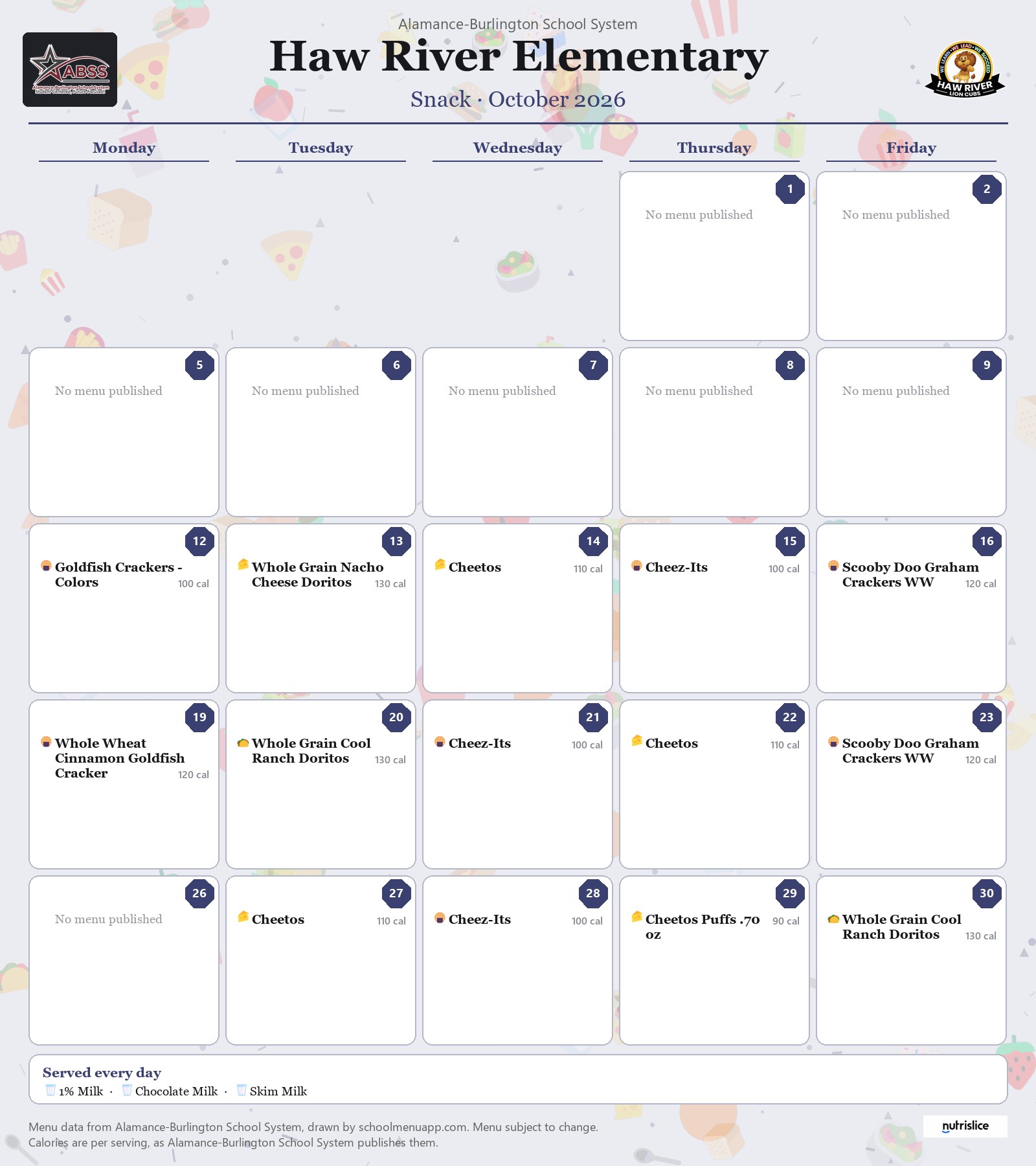 Haw River Elementary snack menu for October 2026 &mdash; Alamance-Burlington School System
