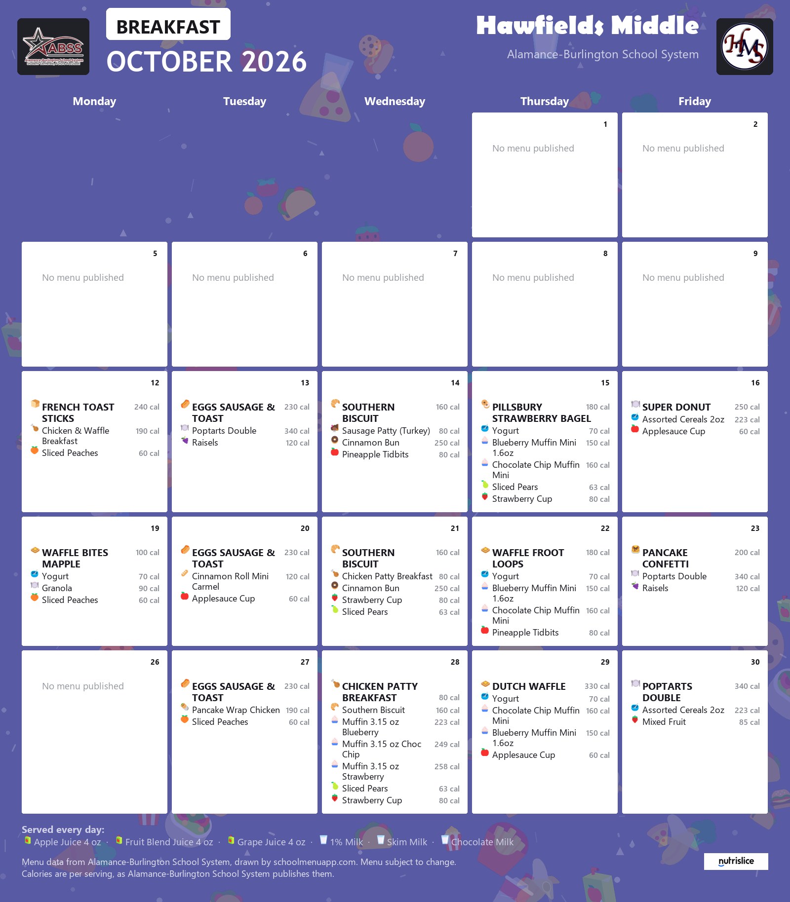 Hawfields Middle breakfast menu for October 2026 &mdash; Alamance-Burlington School System