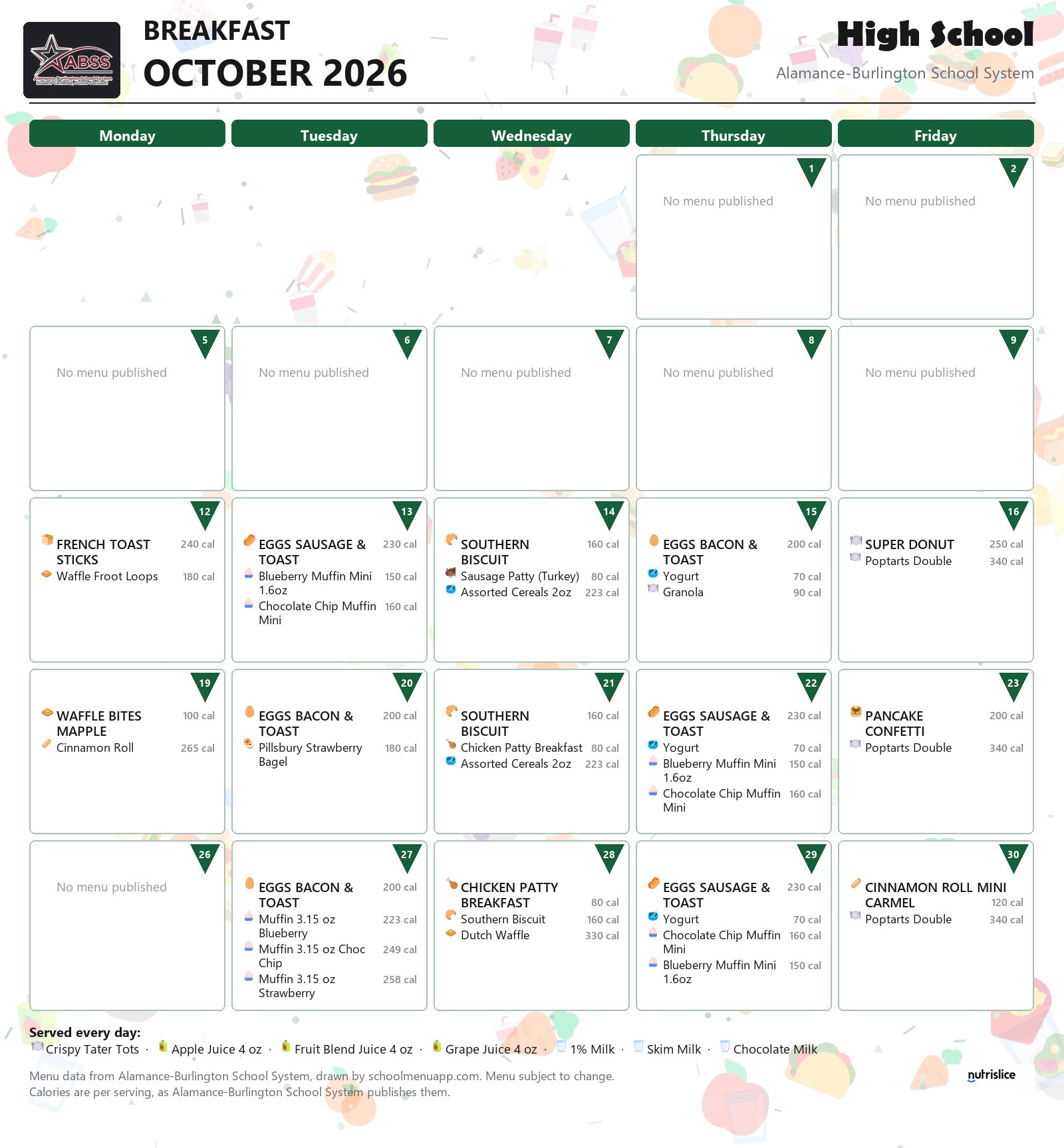 High School breakfast menu for October 2026 &mdash; Alamance-Burlington School System