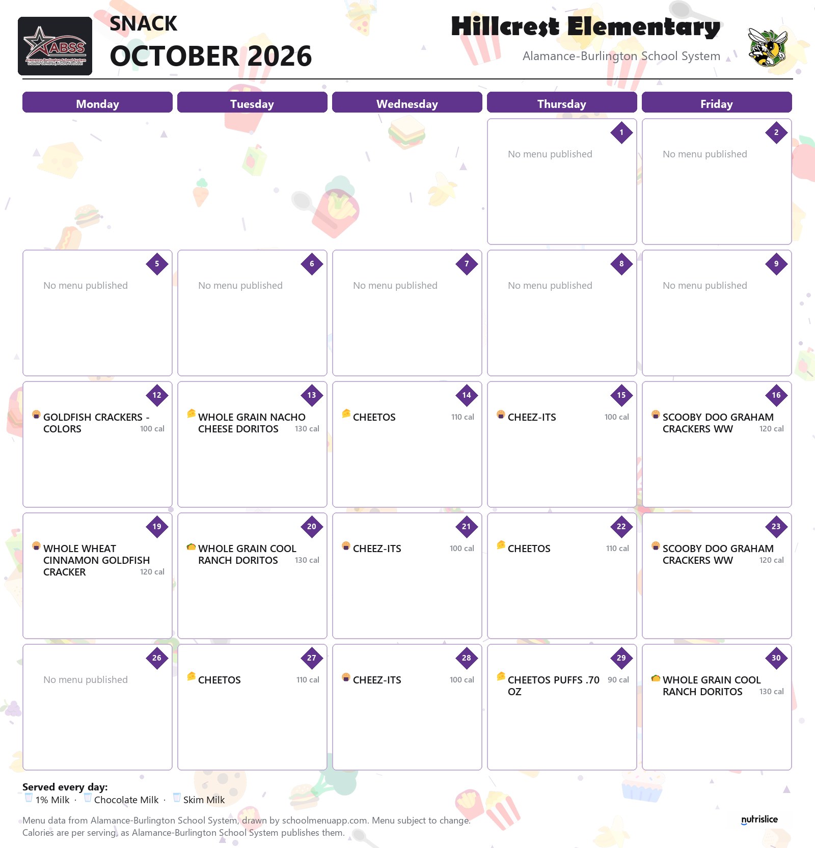 Hillcrest Elementary snack menu for October 2026 &mdash; Alamance-Burlington School System