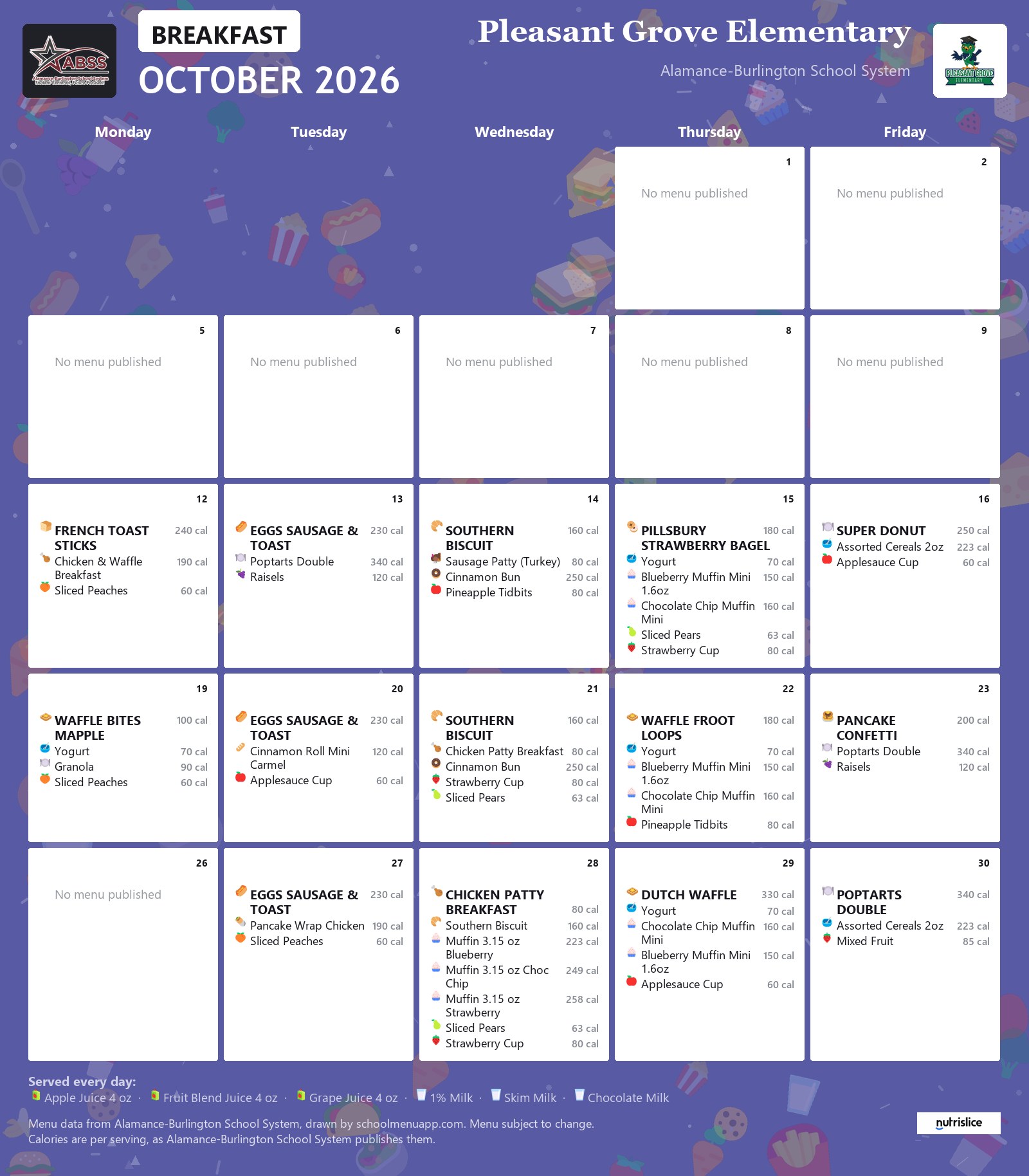 Pleasant Grove Elementary breakfast menu for October 2026 &mdash; Alamance-Burlington School System