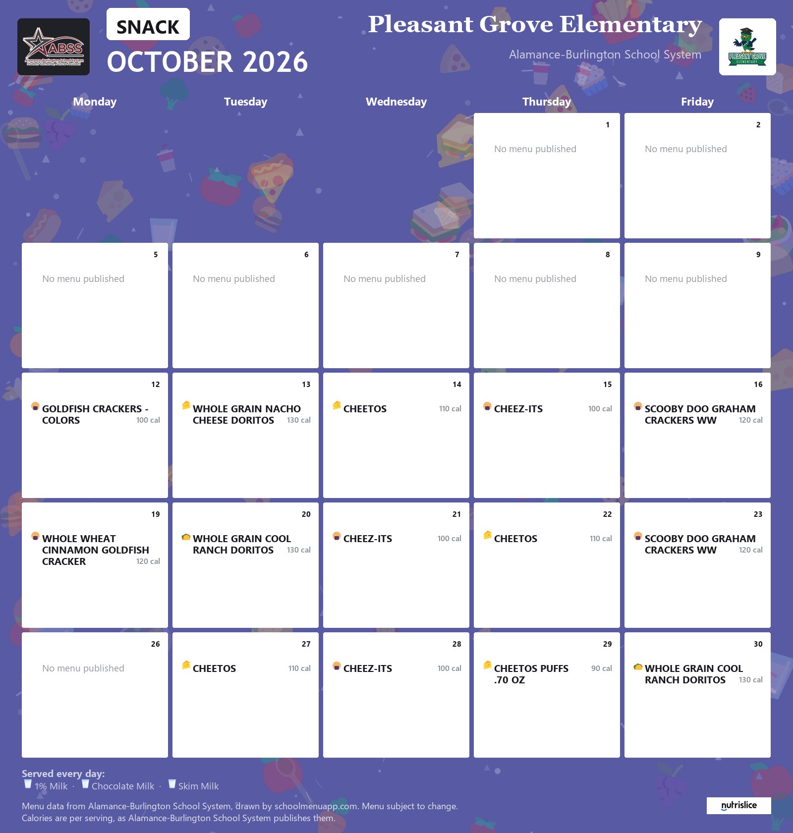 Pleasant Grove Elementary snack menu for October 2026 &mdash; Alamance-Burlington School System