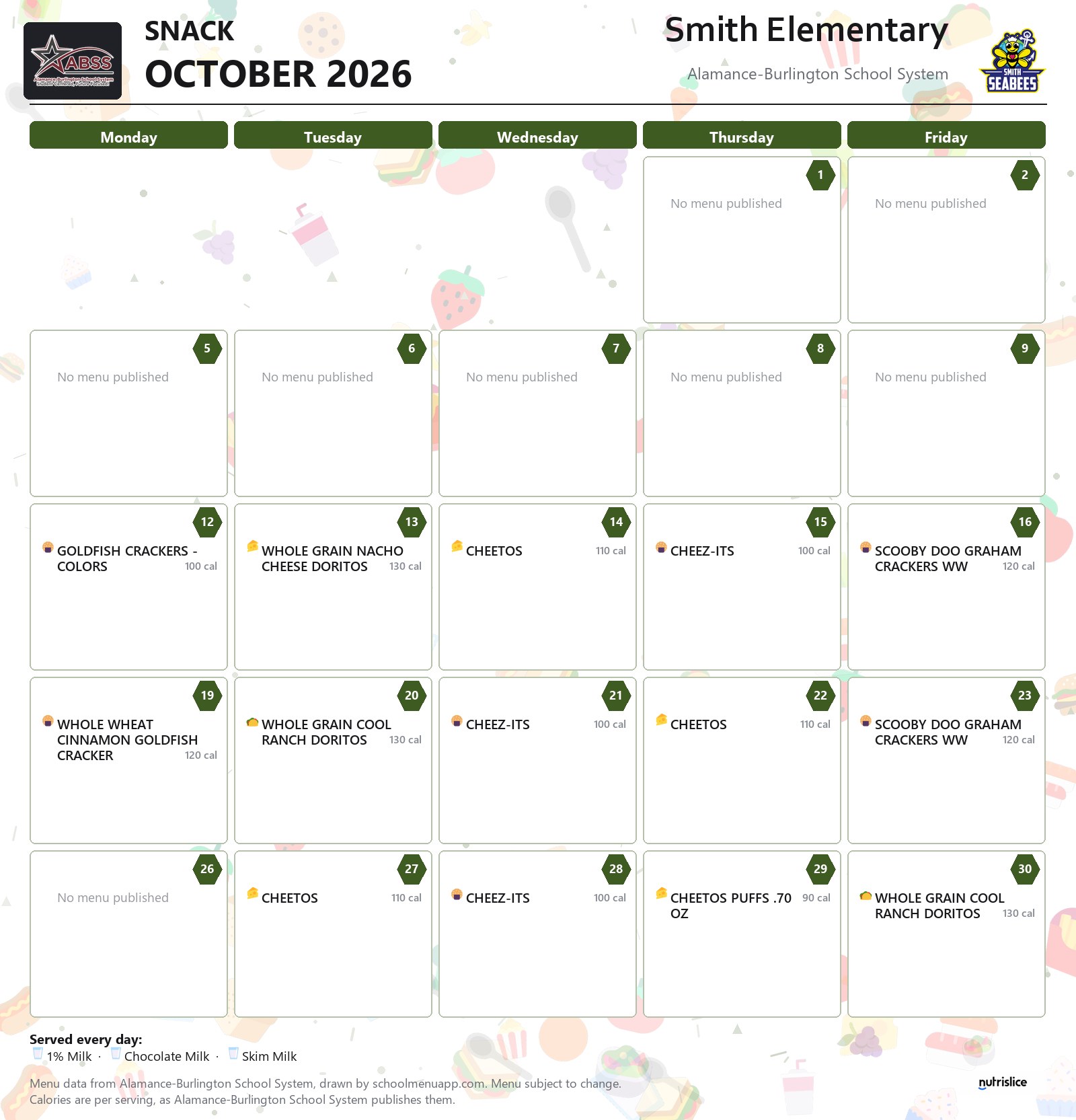 Smith Elementary snack menu for October 2026 &mdash; Alamance-Burlington School System