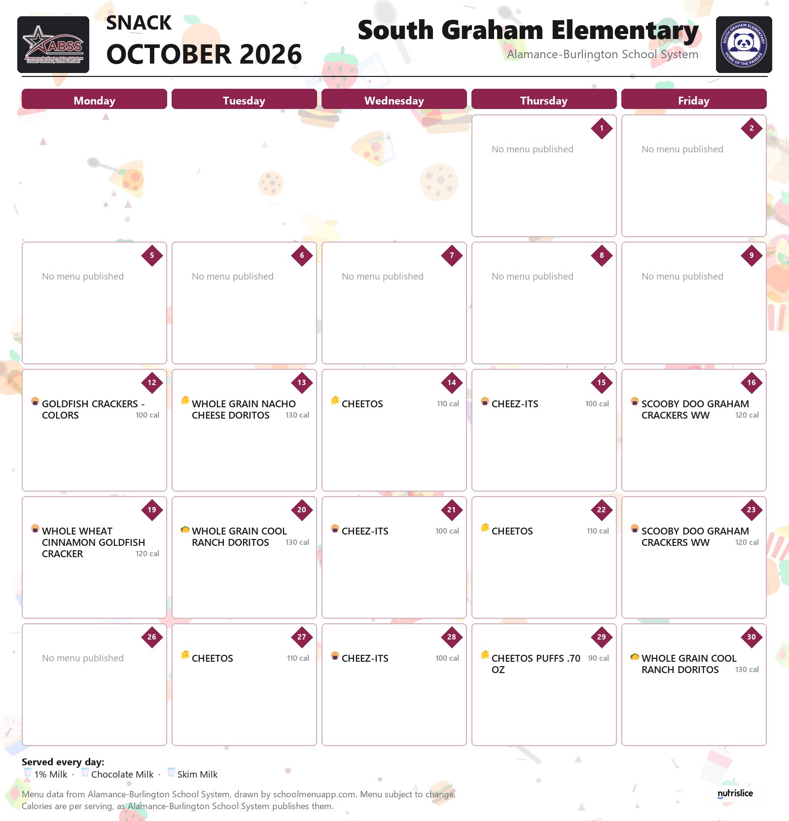 South Graham Elementary snack menu for October 2026 &mdash; Alamance-Burlington School System