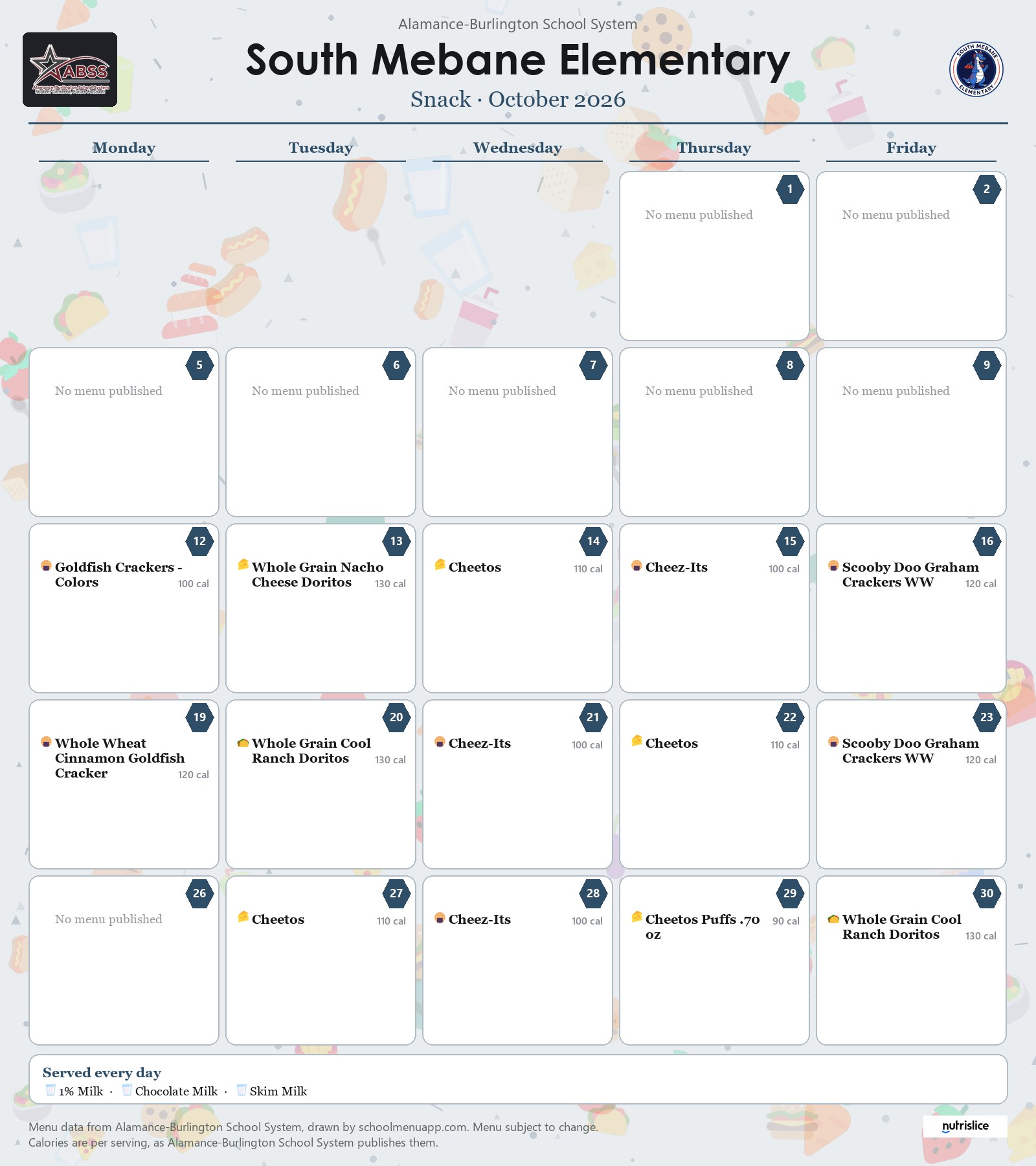 South Mebane Elementary snack menu for October 2026 &mdash; Alamance-Burlington School System