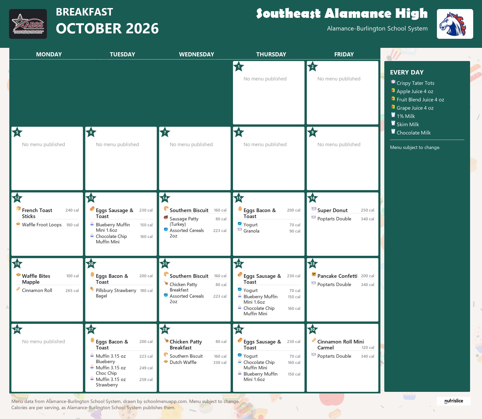 Southeast Alamance High breakfast menu for October 2026 &mdash; Alamance-Burlington School System