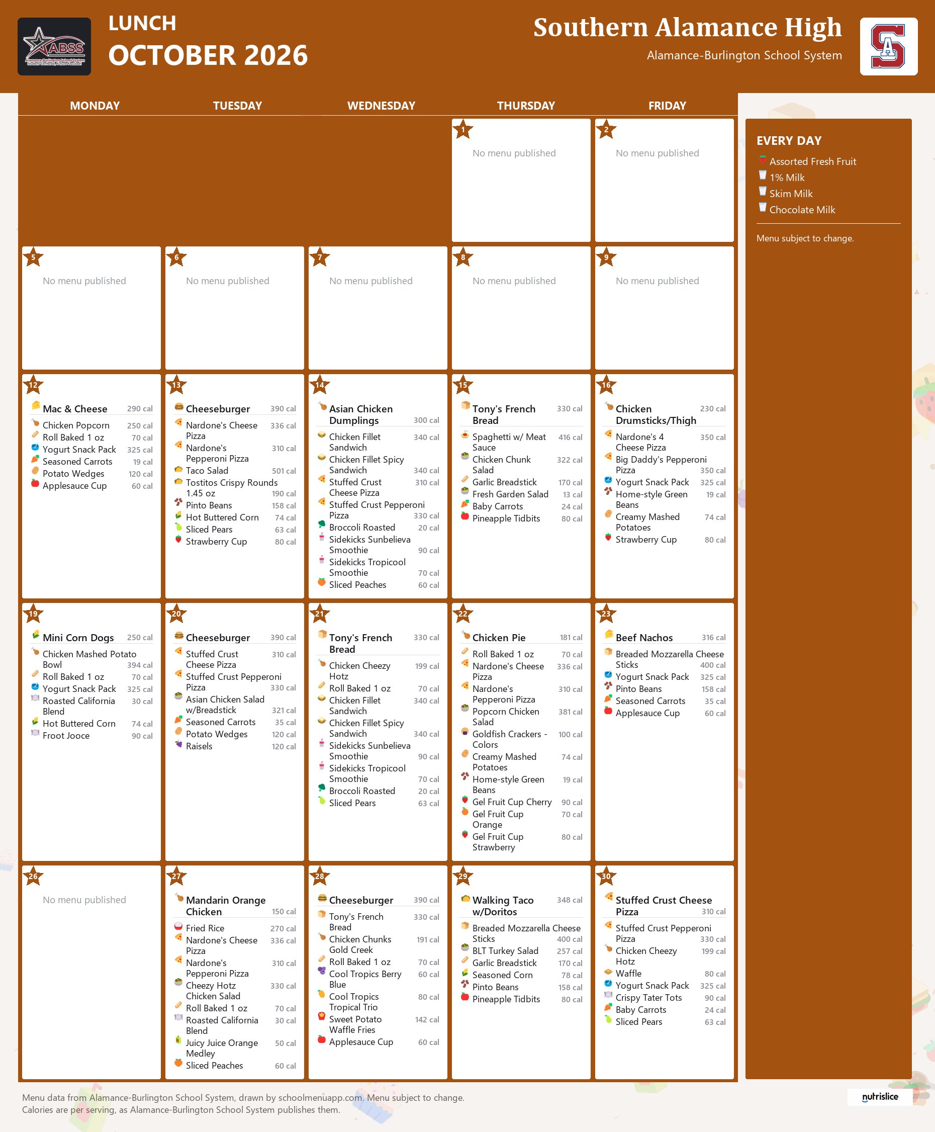 Southern Alamance High lunch menu for October 2026 &mdash; Alamance-Burlington School System
