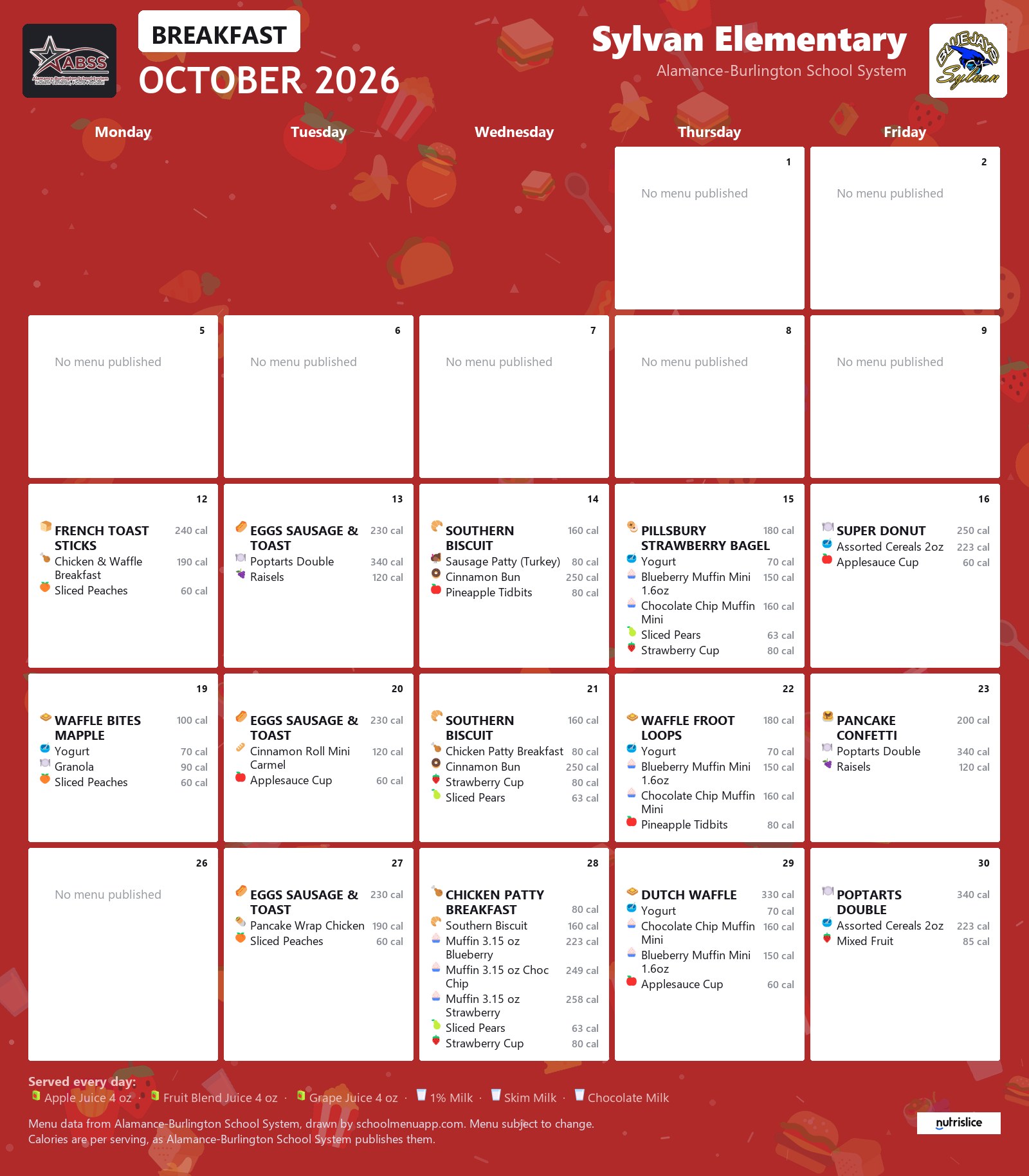 Sylvan Elementary breakfast menu for October 2026 &mdash; Alamance-Burlington School System