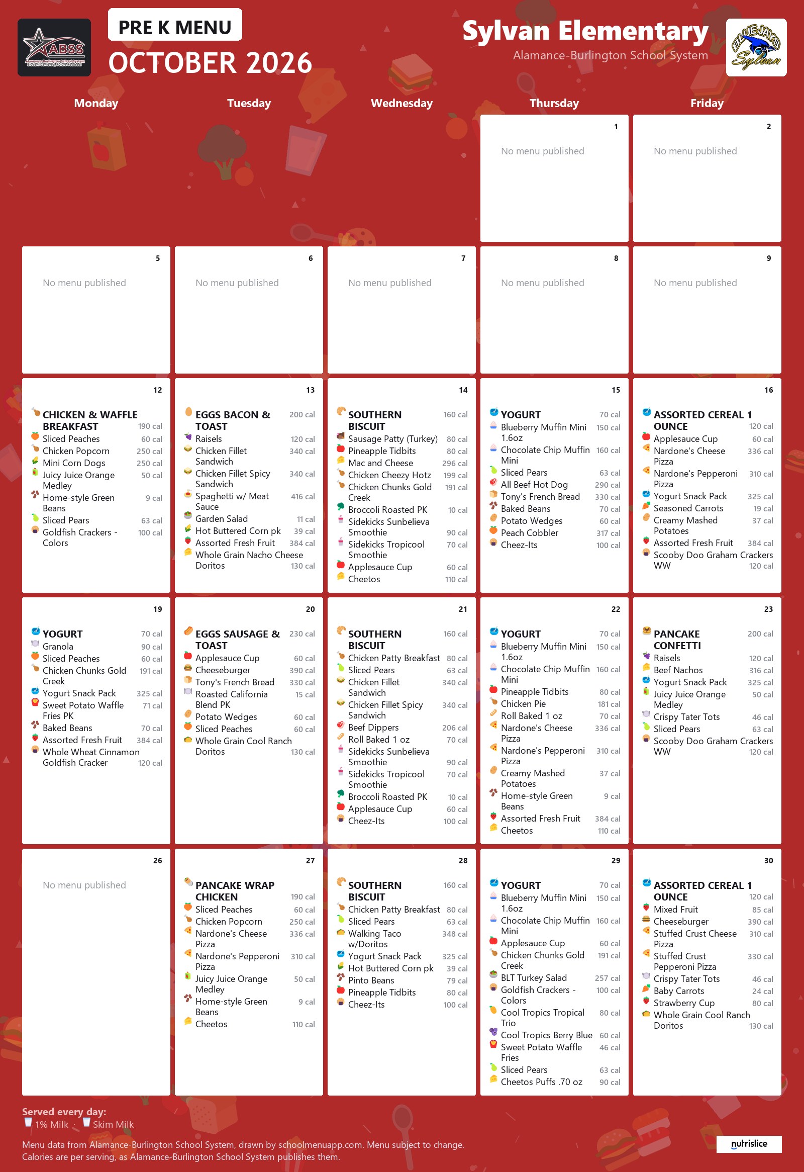 Sylvan Elementary pre k menu for October 2026 &mdash; Alamance-Burlington School System