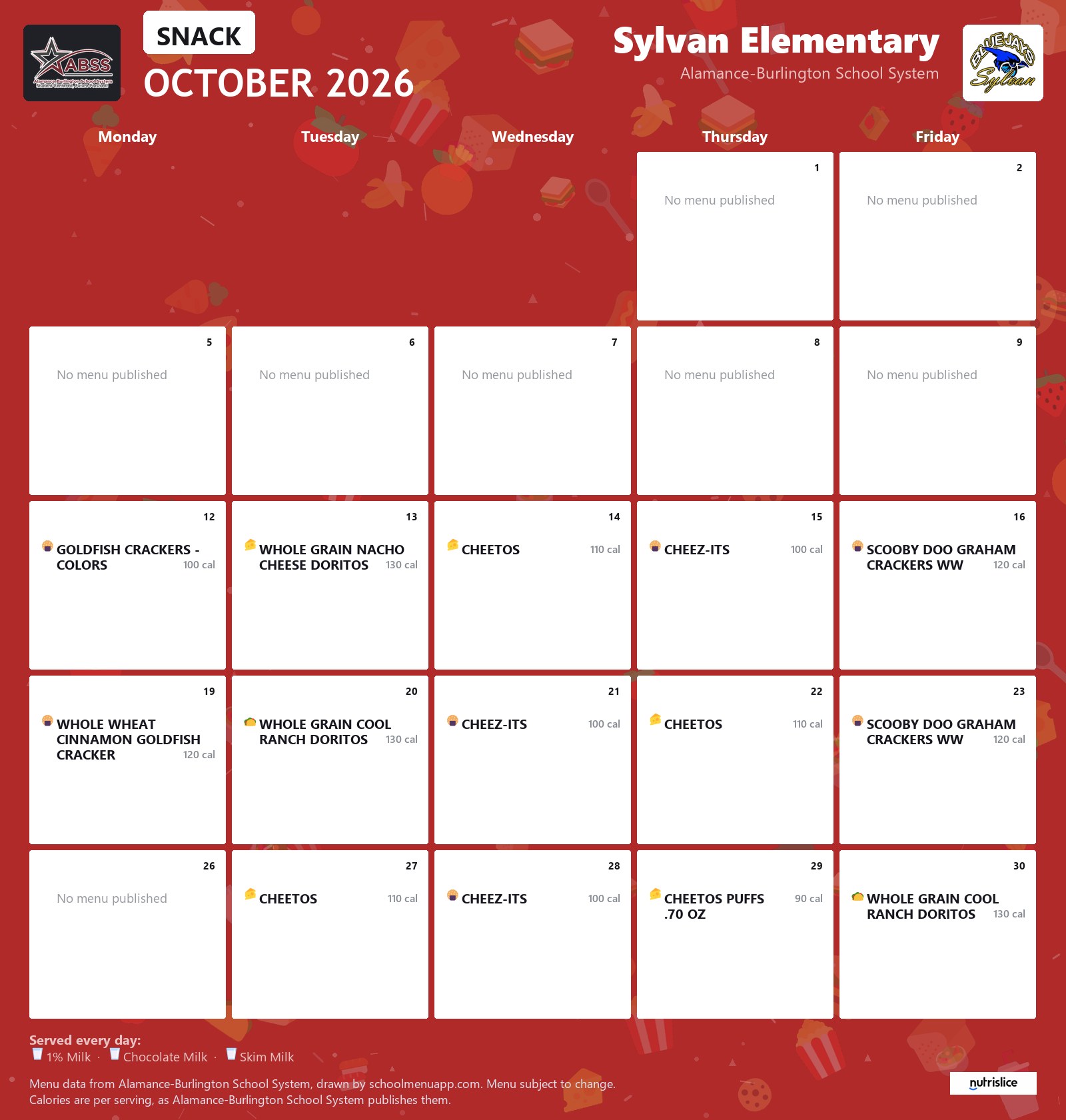 Sylvan Elementary snack menu for October 2026 &mdash; Alamance-Burlington School System