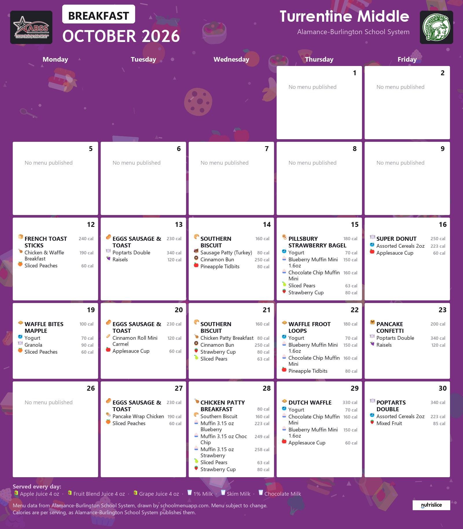 Turrentine Middle breakfast menu for October 2026 &mdash; Alamance-Burlington School System