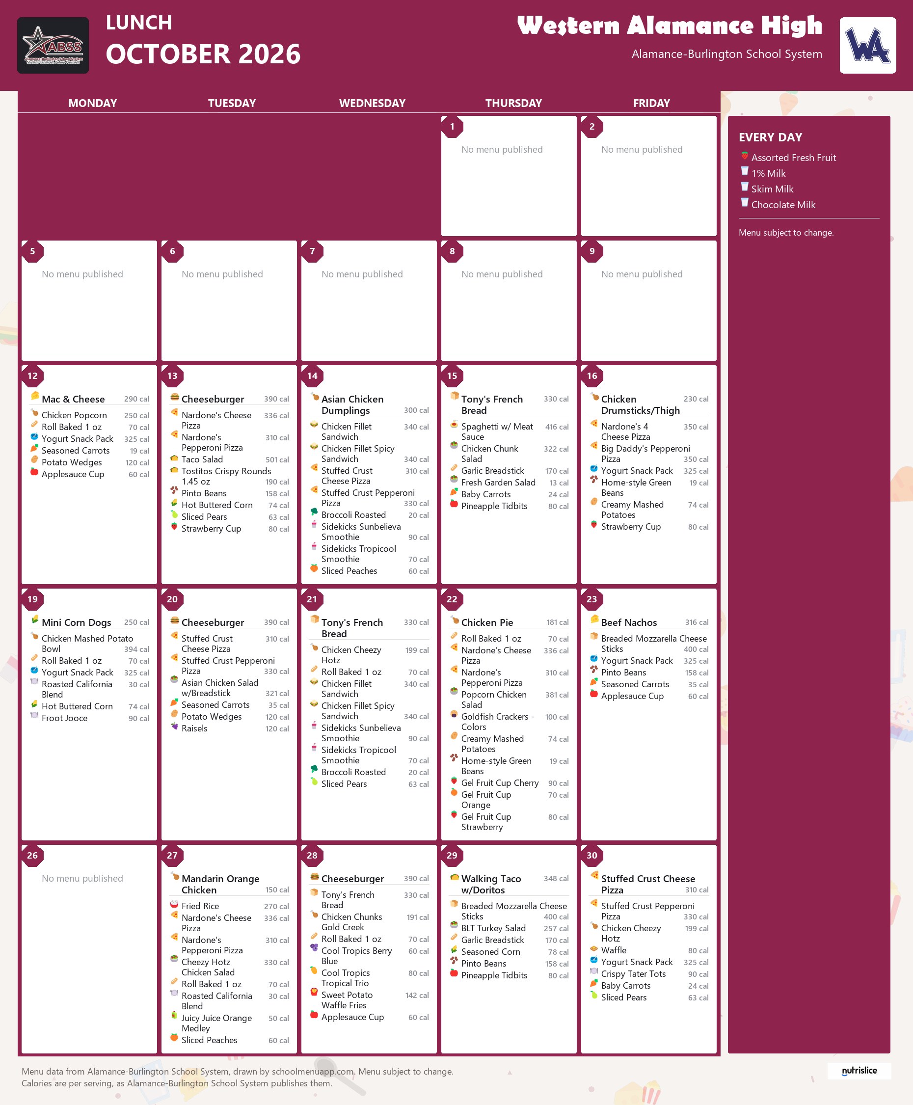 Western Alamance High lunch menu for October 2026 &mdash; Alamance-Burlington School System