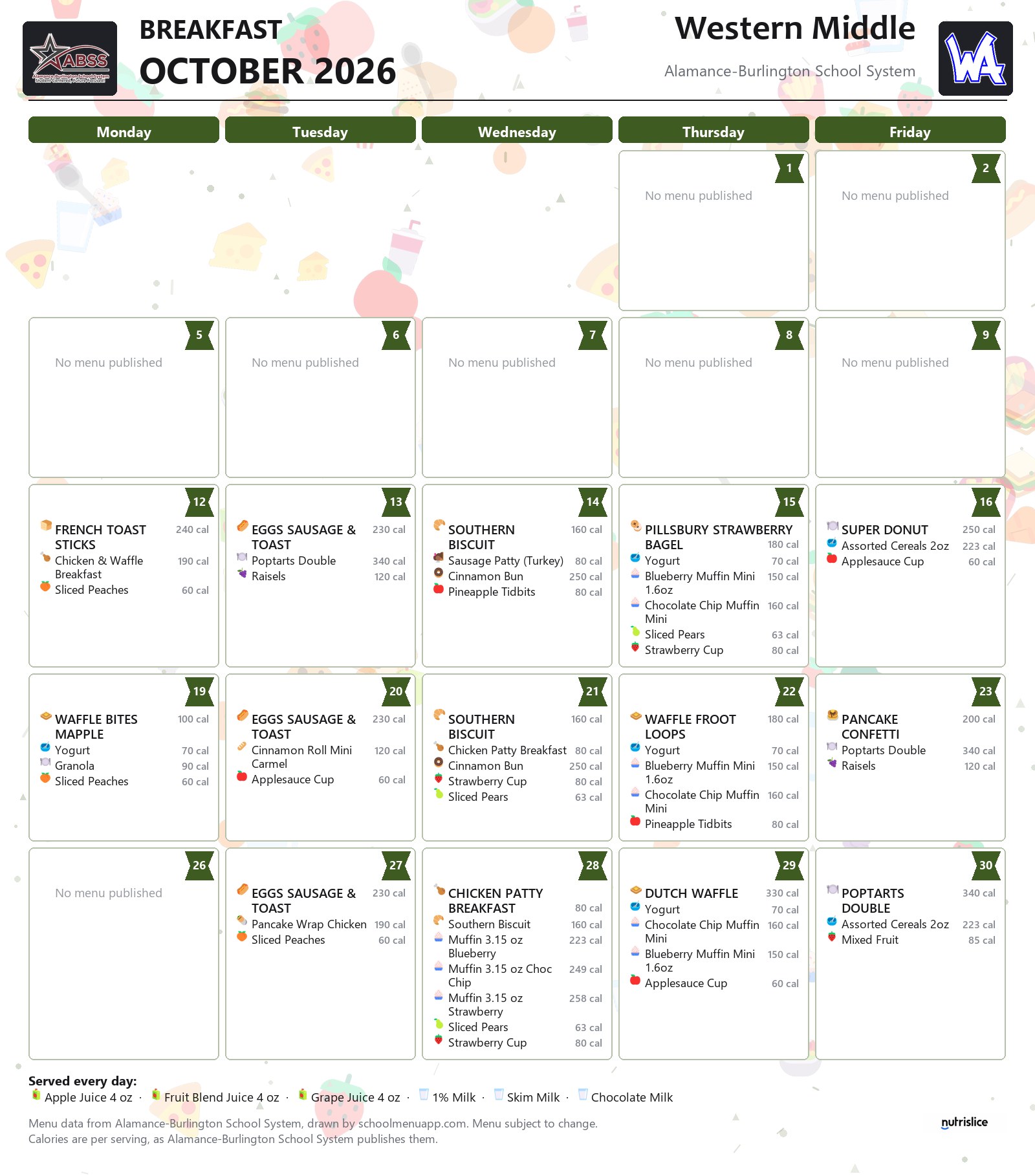 Western Middle breakfast menu for October 2026 &mdash; Alamance-Burlington School System